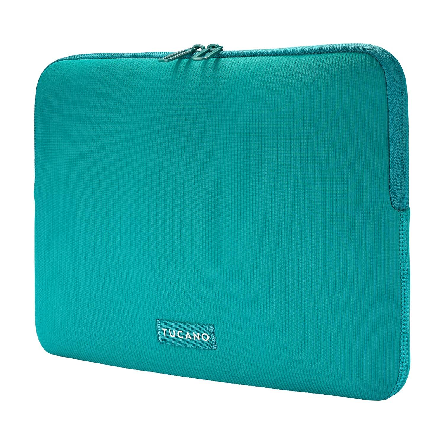 Una custodia per laptop turchese. Ha una cerniera nella parte superiore. Il marchio 'Tucano' è visibile in basso.