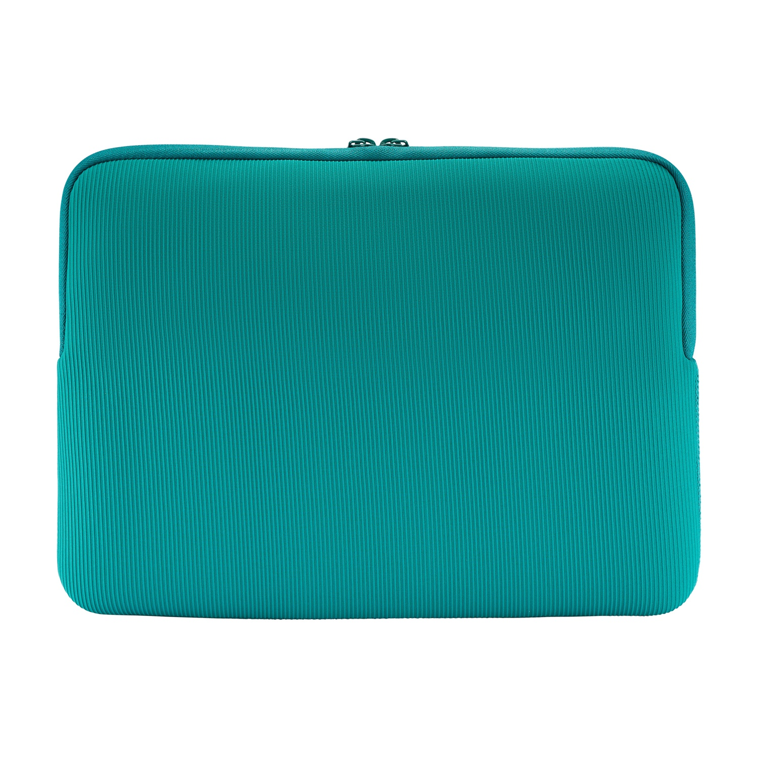 Una custodia per laptop color teal con cerniera. La custodia ha una texture a coste e una forma rettangolare arrotondata.