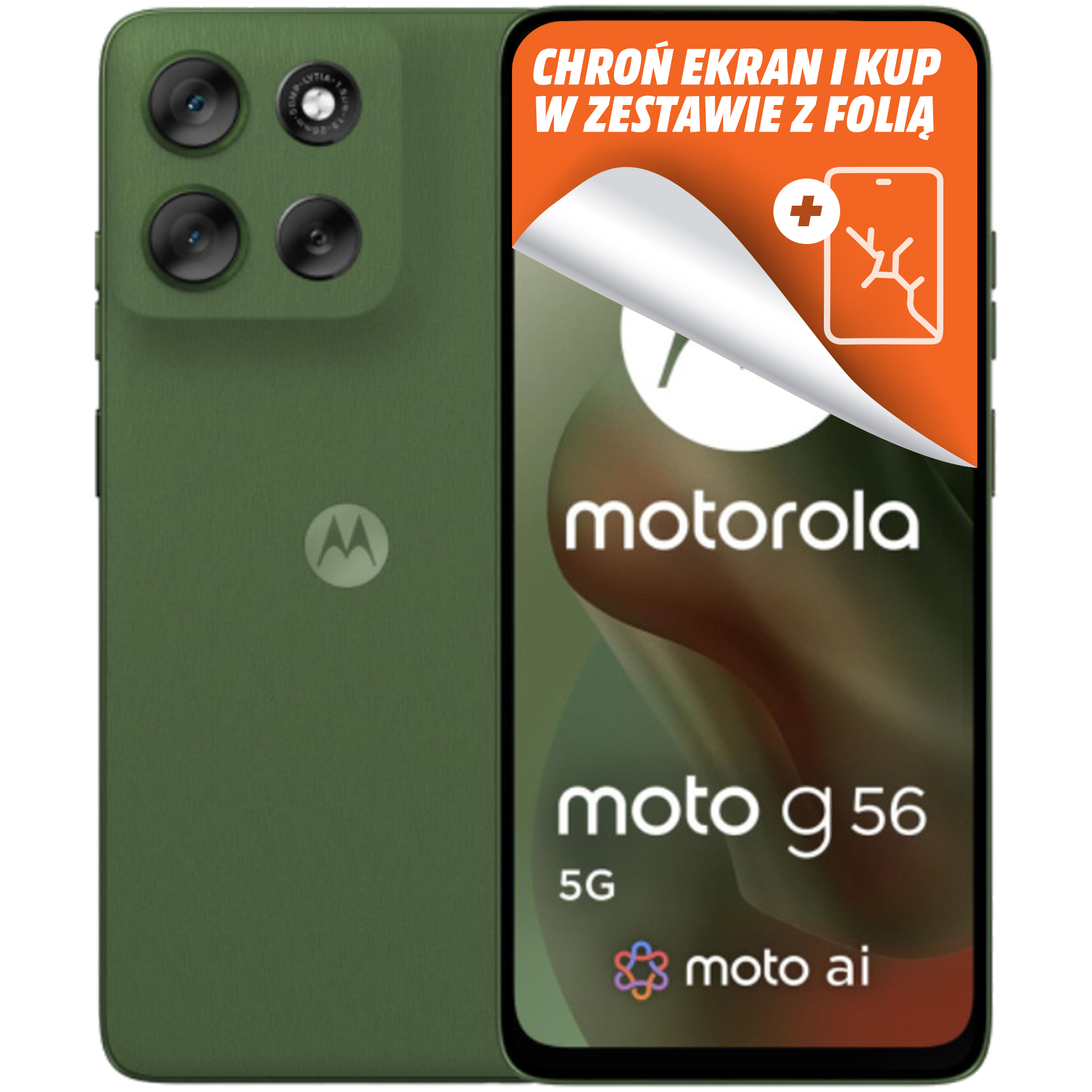 Zielony telefon Motorola z ochraniaczem ekranu. Ekran wyświetla logo Motorola i nazwę modelu Moto G56 5G.