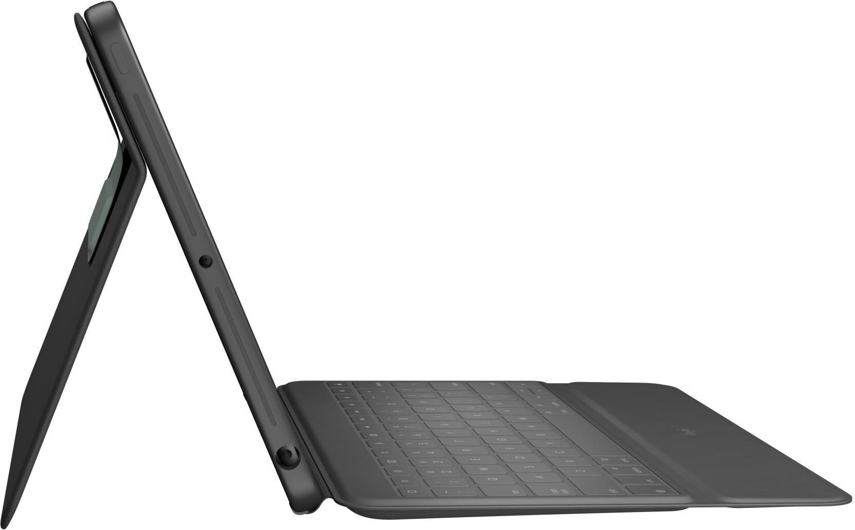 Une tablette gris foncé avec un clavier attaché en position inclinée, sur fond blanc.