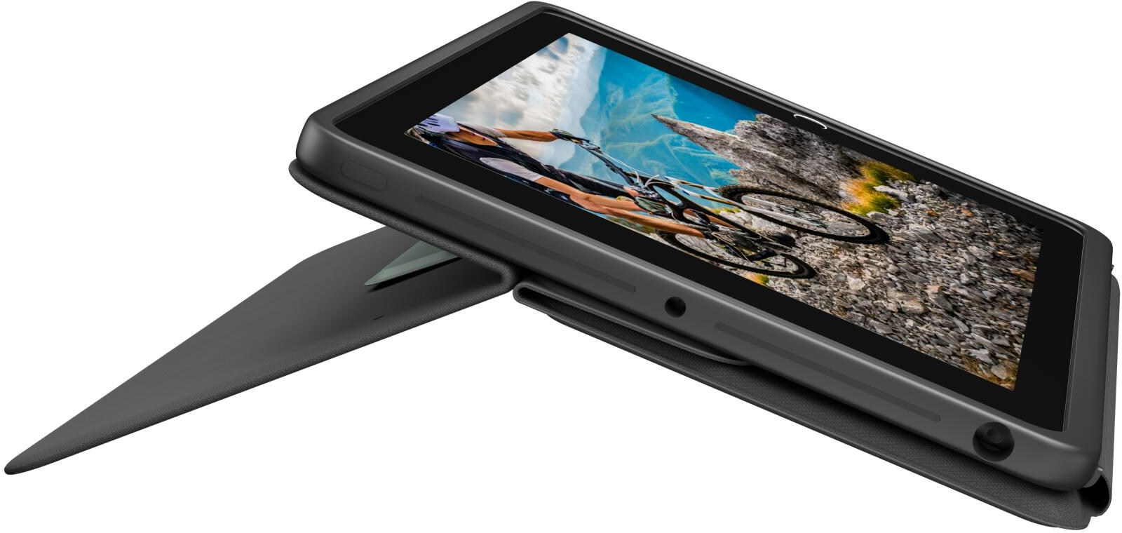 Une tablette dans un étui affiche un vététiste sur un terrain rocheux. L'étui est noir, avec l'écran incliné et un support.