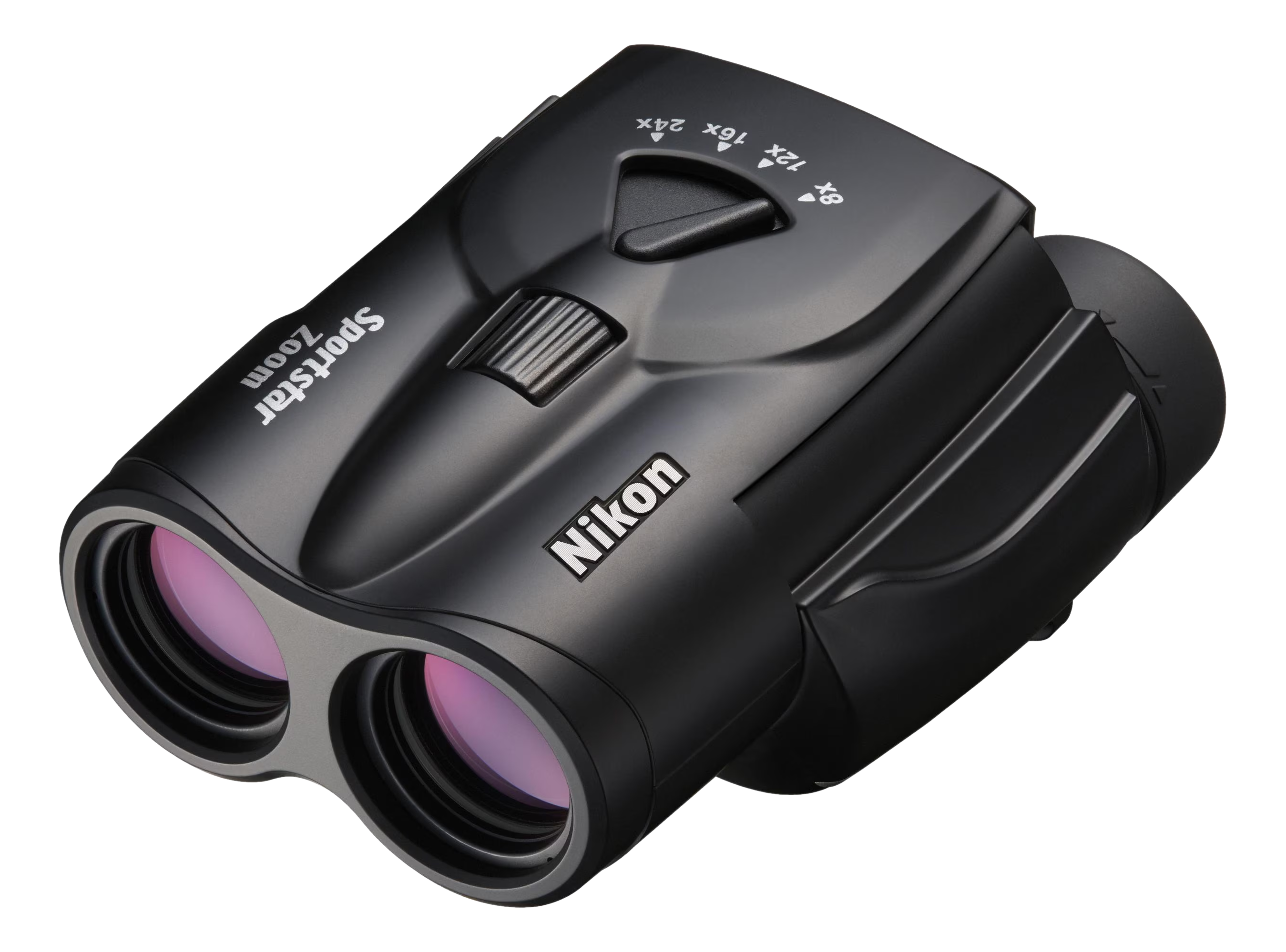 Jumelles Nikon Sportstar Zoom noires avec réglages de zoom sur fond noir. Les lentilles ont des reflets roses.