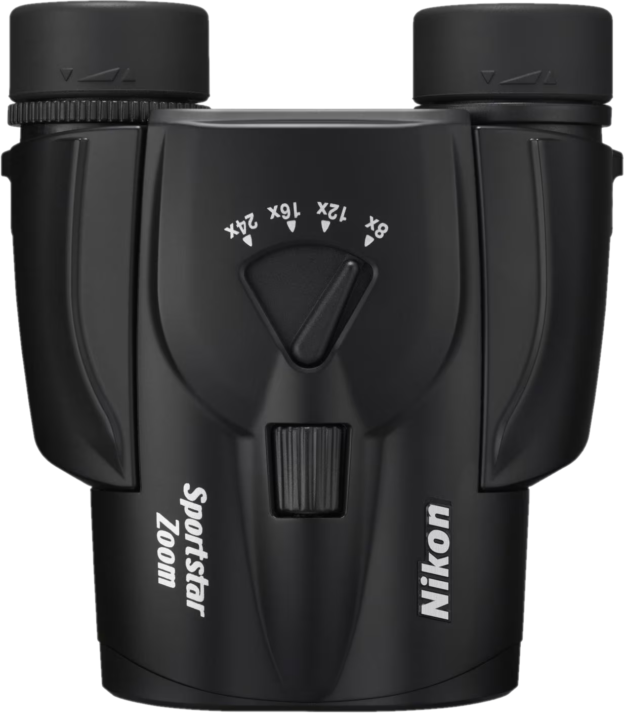 Jumelles Nikon Sportstar Zoom noires. Comprend des réglages de zoom, un réglage de mise au point et le logo Nikon. Le design est entièrement noir.