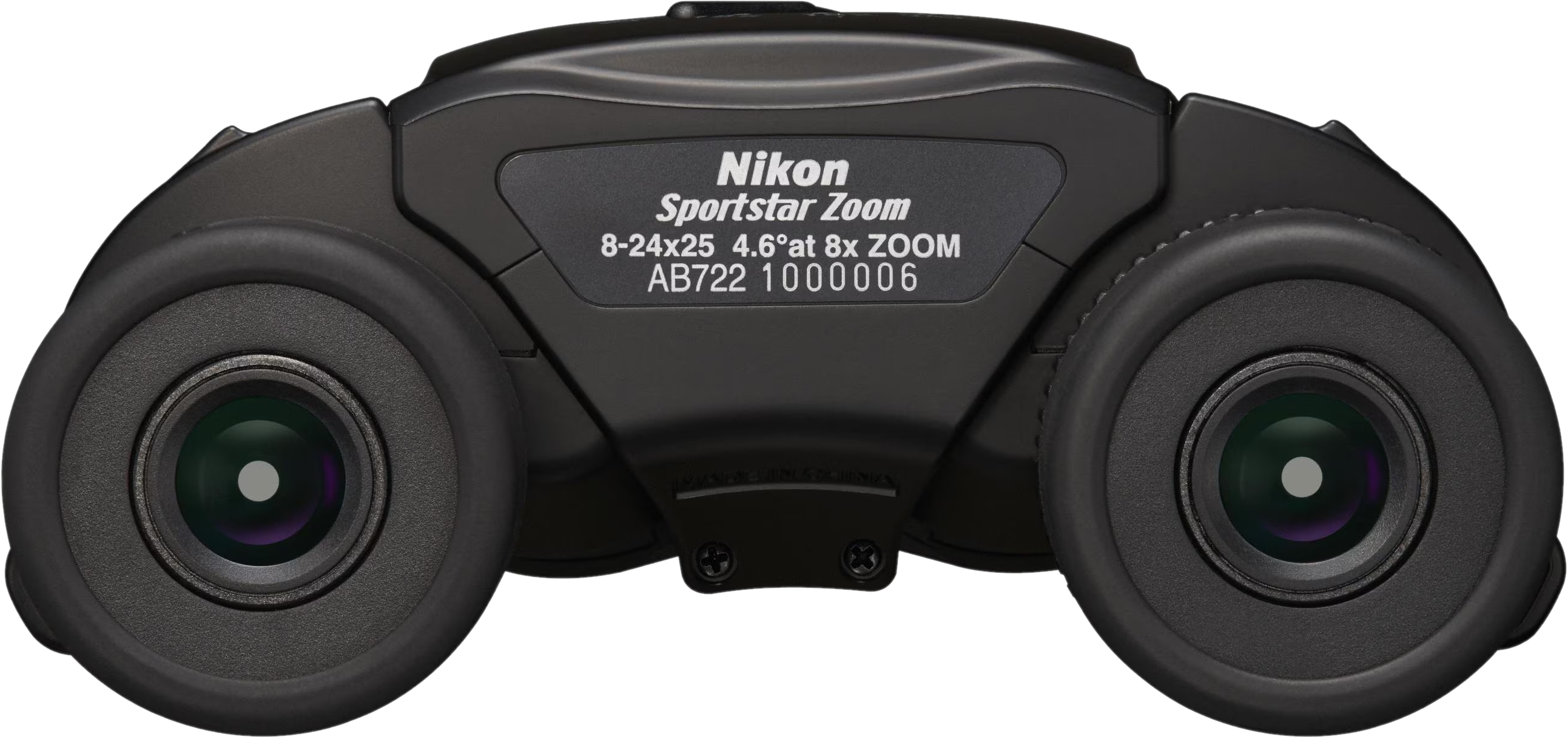 Jumelles noires Nikon Sportstar Zoom. Caractéristiques : 8-24x25, 4,6° à 8x ZOOM et marquages AB722 1000006.