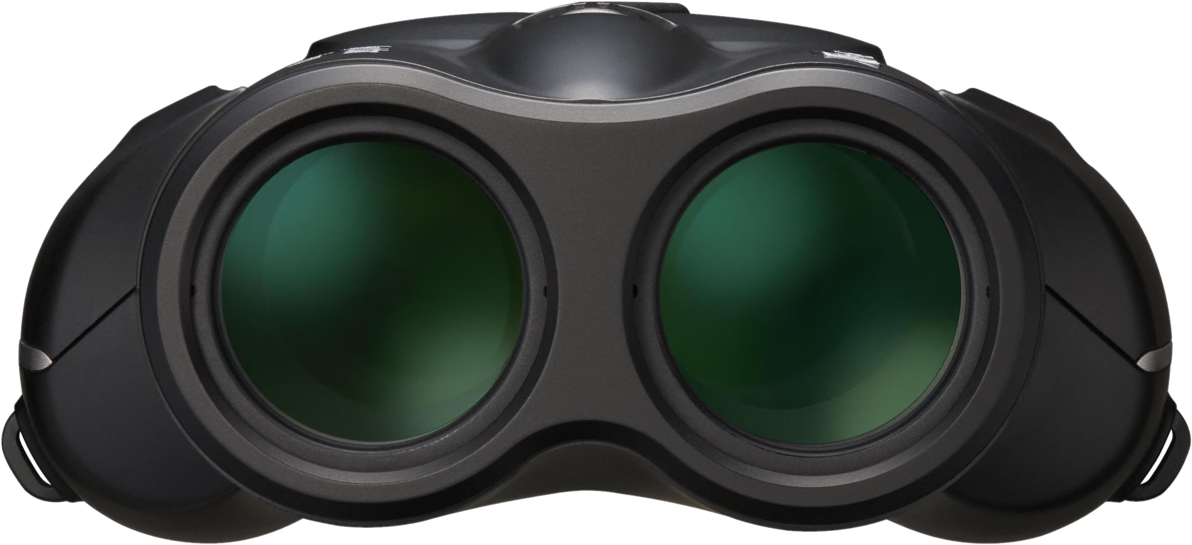 Une paire de jumelles noires avec des lentilles vertes. Les lentilles sont grandes et circulaires, encadrées en noir. Les jumelles ont un design moderne.