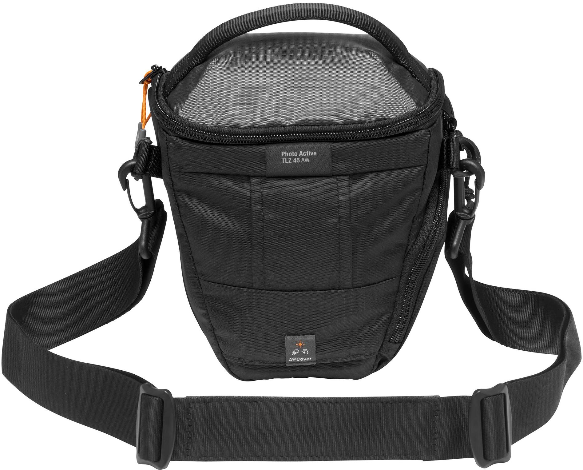 Borsa per fotocamera nera con parte superiore aperta, tracolla e maniglia. La borsa ha un'etichetta con la scritta Photo Active TLZ 45 AW.