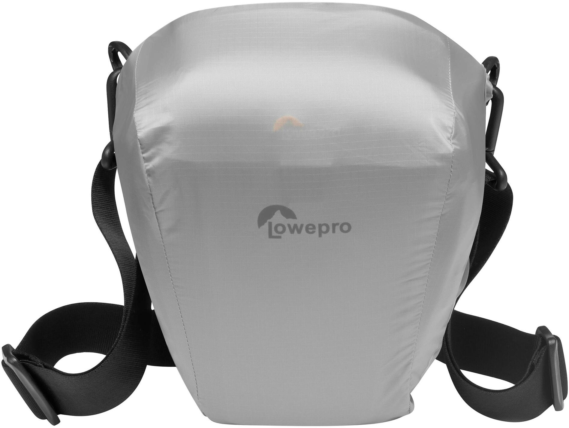 Una borsa per fotocamera Lowepro grigia con cinturino nero. La borsa è a forma di pera, con il logo Lowepro visibile sul davanti.