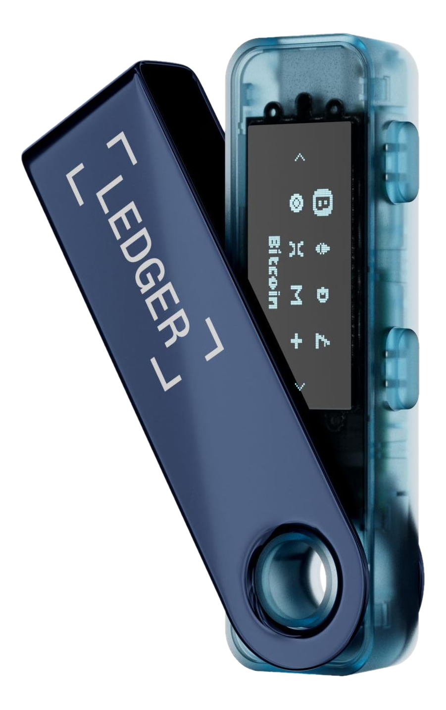 Ein Ledger-Hardware-Wallet, blau und transparent, zeigt einen Bildschirm mit Bitcoin und anderen Symbolen. Das Ledger-Logo ist sichtbar.