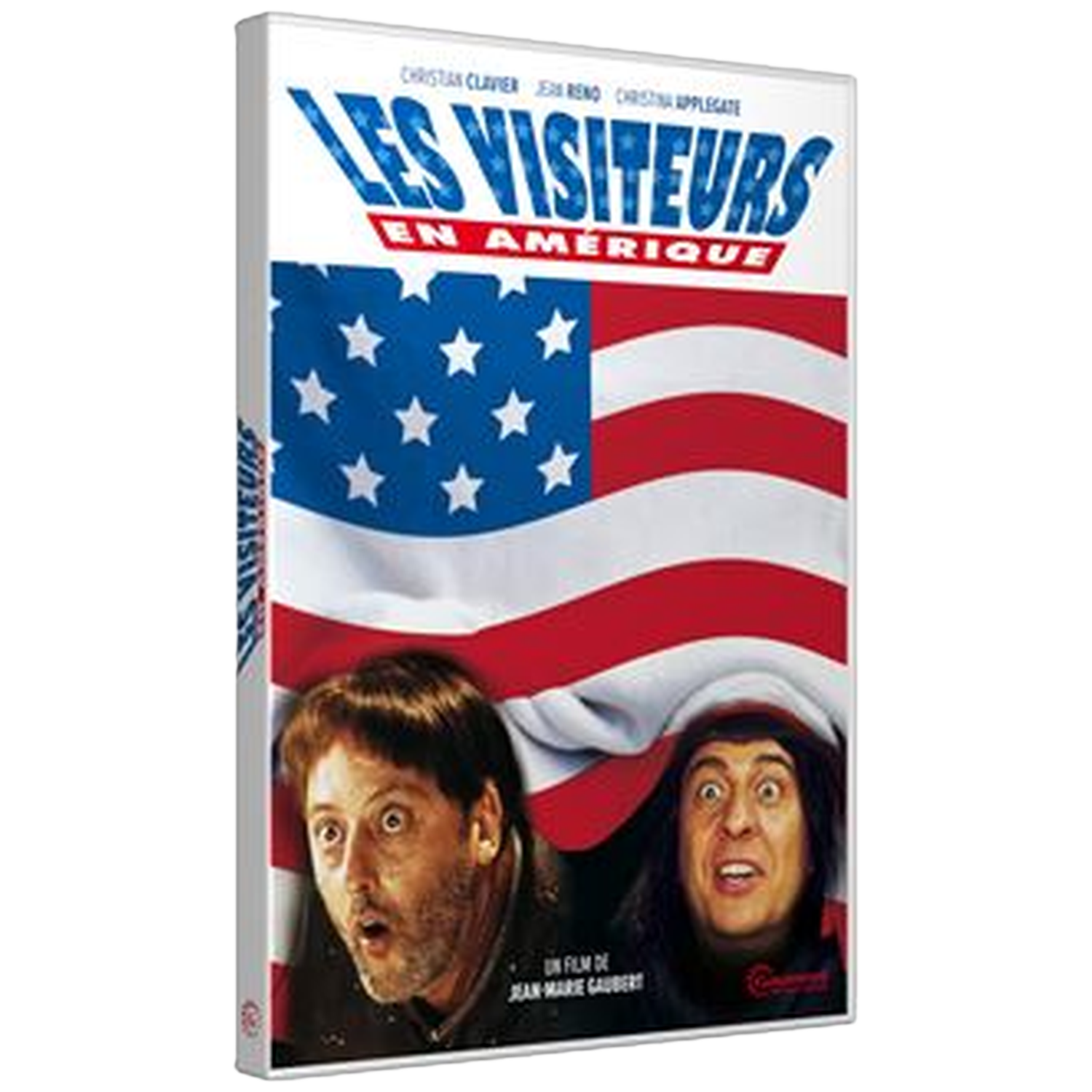 DVD-hoes: Twee mannen met verbaasde gezichten voor een Amerikaanse vlag. Titel: Les Visiteurs en Amérique.