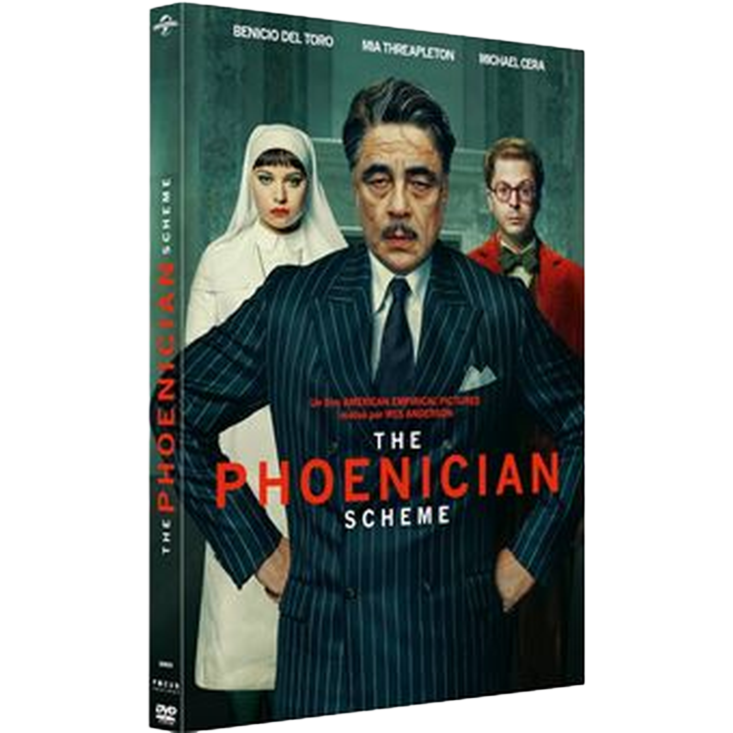 Jaquette DVD de 'The Phoenician Scheme'. Avec Benicio Del Toro, Mia Threapleton et Michael Cera. Le titre est en rouge.