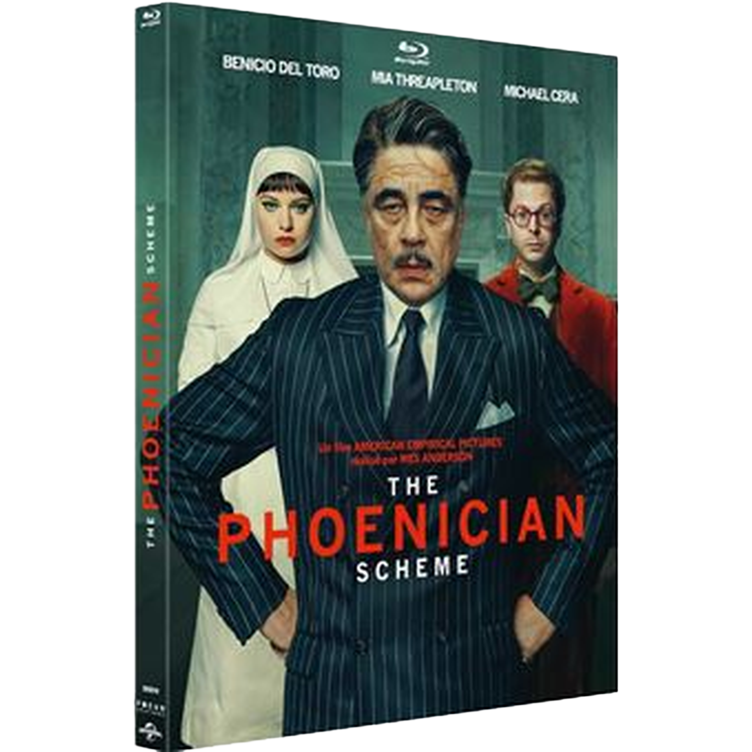 Couverture du film : Benicio Del Toro, Mia Threapleton et Michael Cera. Titre : The Phoenician Scheme. Acteurs en costume et une nonne.