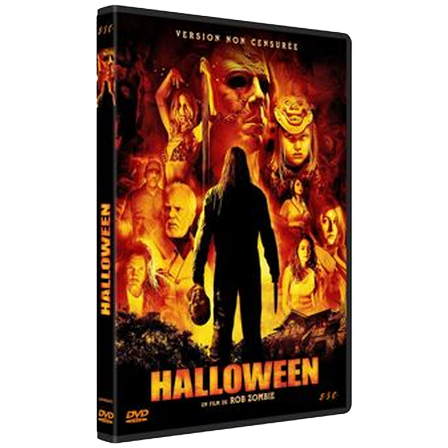 Boîtier DVD du film Halloween. Comprend une figure centrale avec un couteau, entourée de portraits de personnages et du titre.