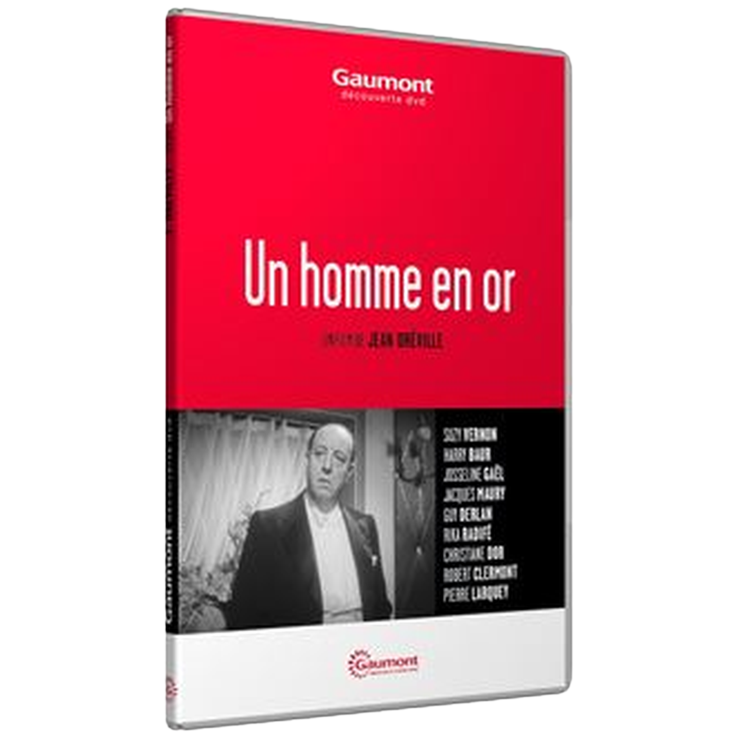 Pochette DVD de 'Un homme en or'. Fond rouge avec texte blanc. Photo en noir et blanc d'un homme en bas.