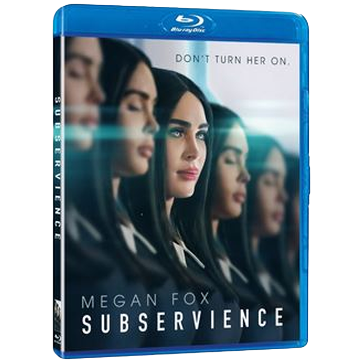 Filmaffiche van 'Subservience' met Megan Fox. De affiche toont het gezicht van Fox meerdere keren, met de titel en slogan.