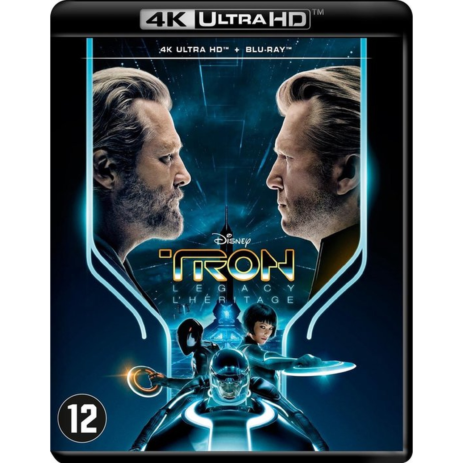 Movie cover of Tron: Legacy. Two men face each other. Below, figures ride futuristic cycles, with the movie title displayed prominently.