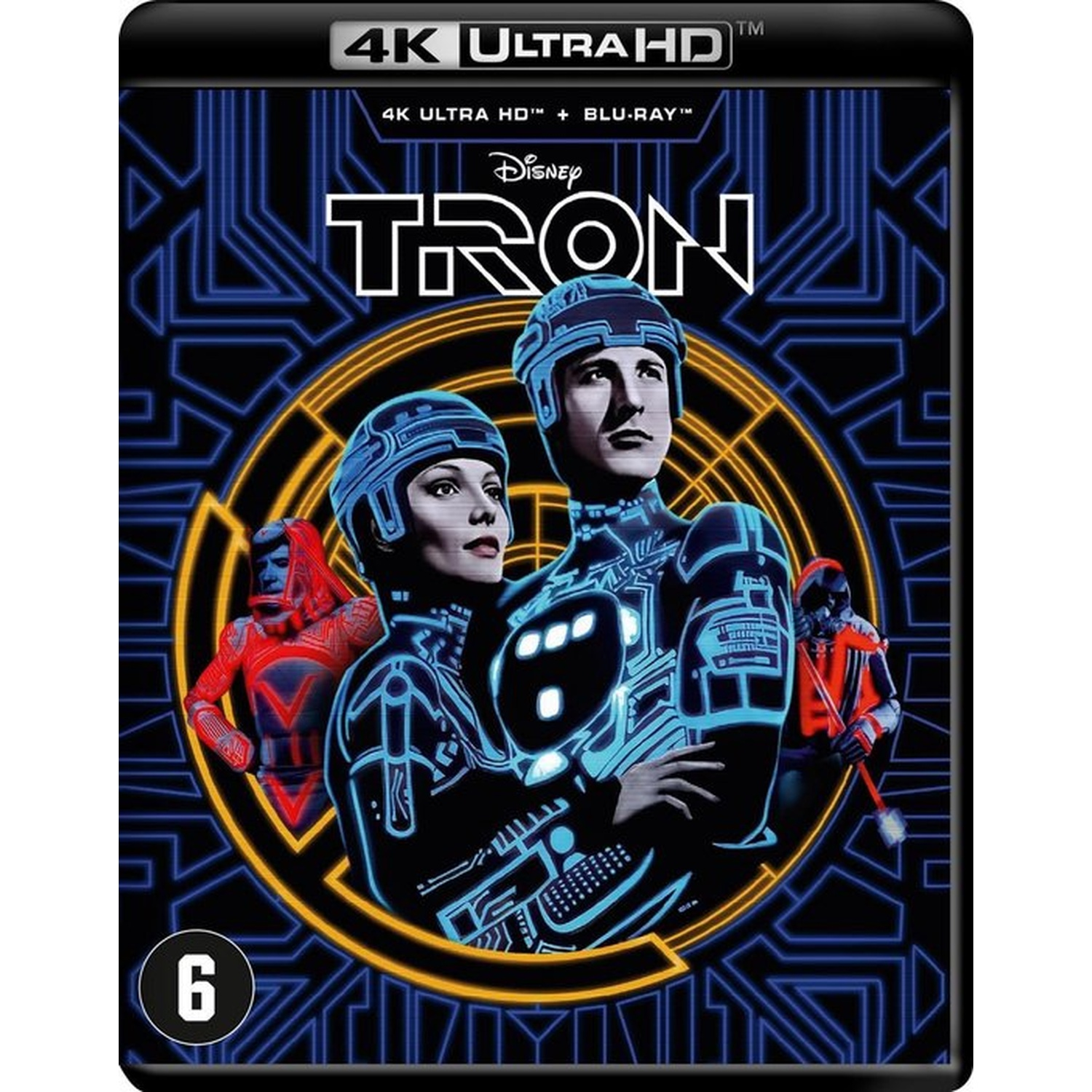 Tron movie cover. Two figures in futuristic suits, blue and black. Background has neon blue lines and a yellow circle. Rating 6.