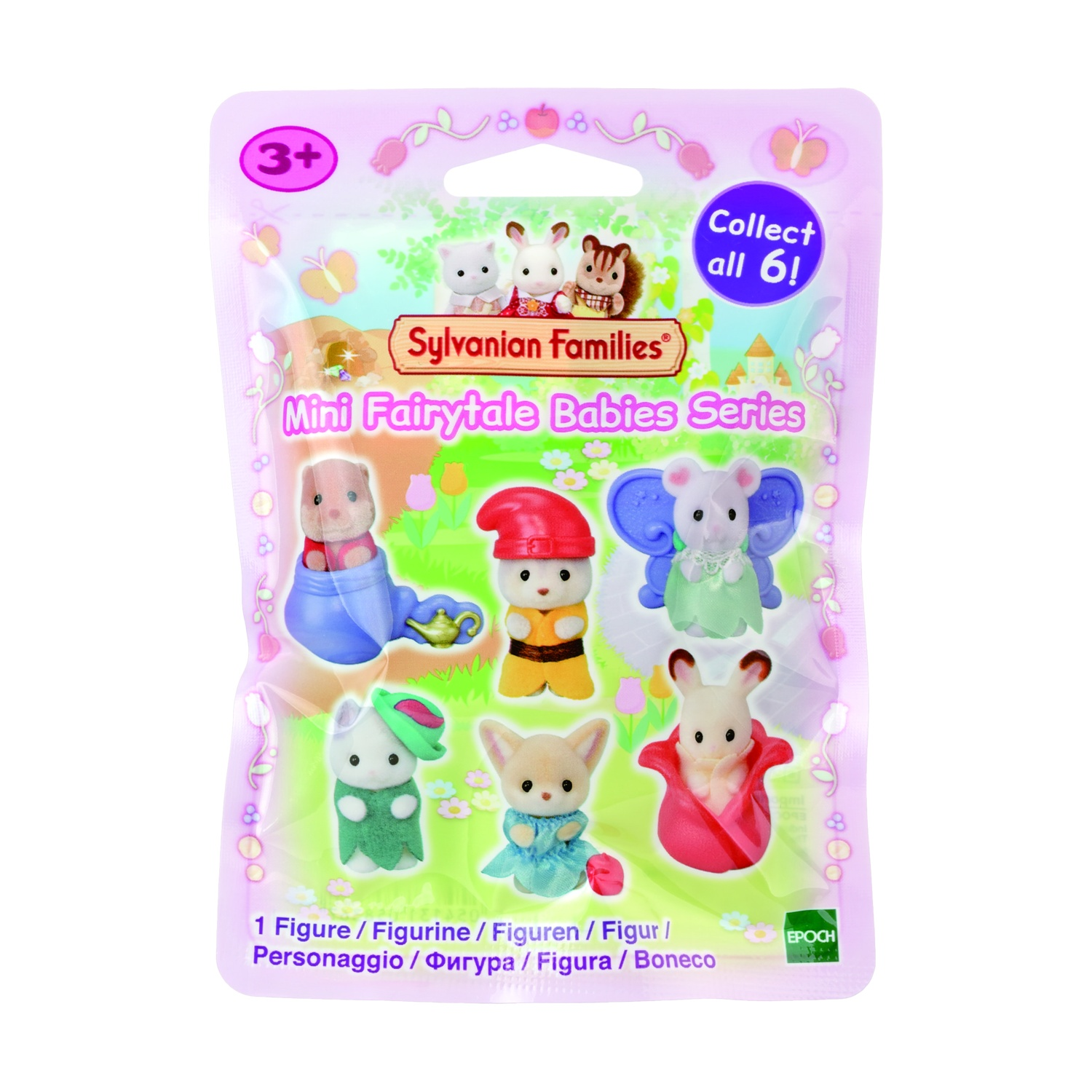 Una confezione rosa di Sylvanian Families Mini Fairytale Babies Series. Mostra 6 figurine di animali in vari costumi. Il testo recita 'Collezionali tutti e 6!'