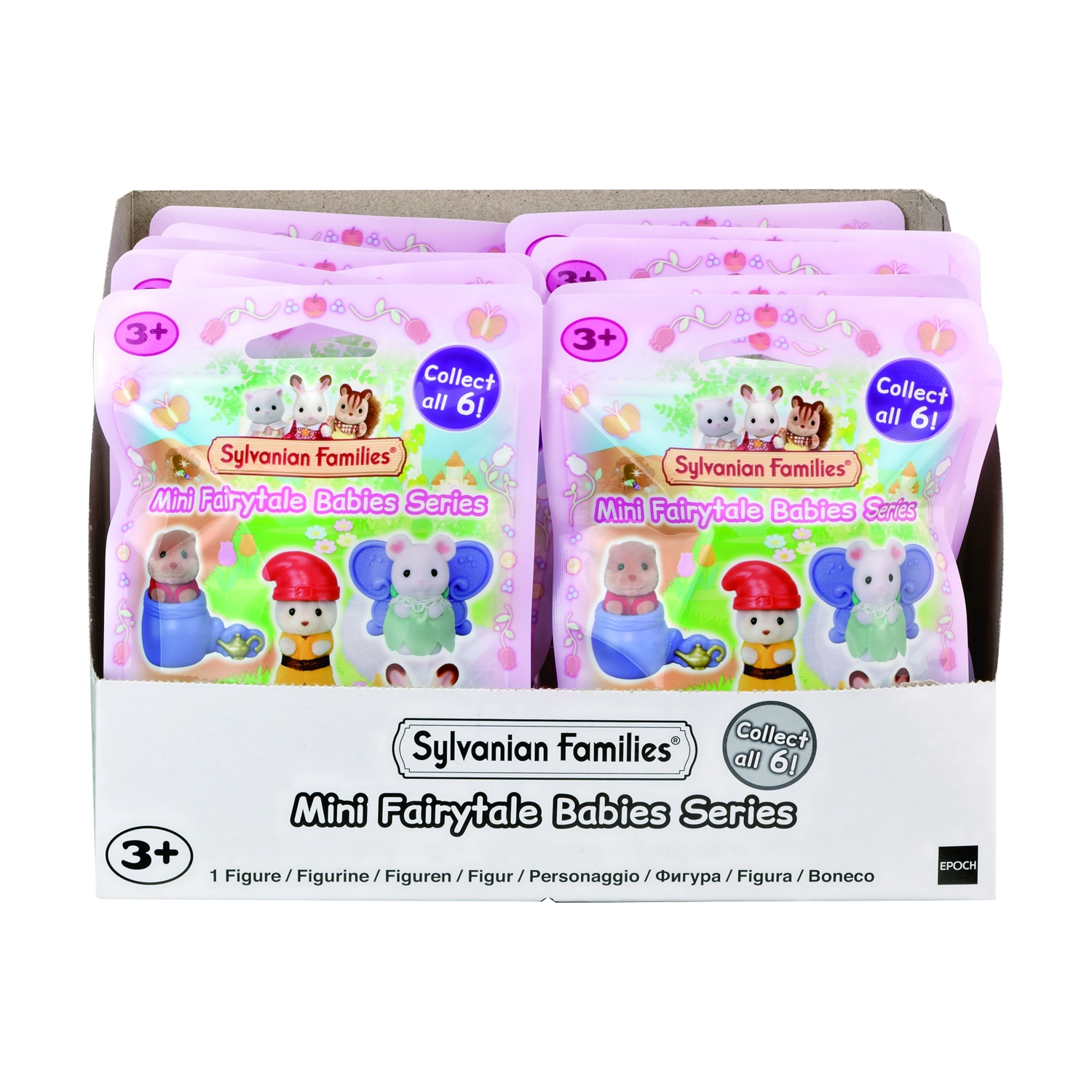 Una scatola espositiva contiene diversi sacchetti ciechi rosa Sylvanian Families. Ogni sacchetto presenta statuine di bambini a tema fiabesco.