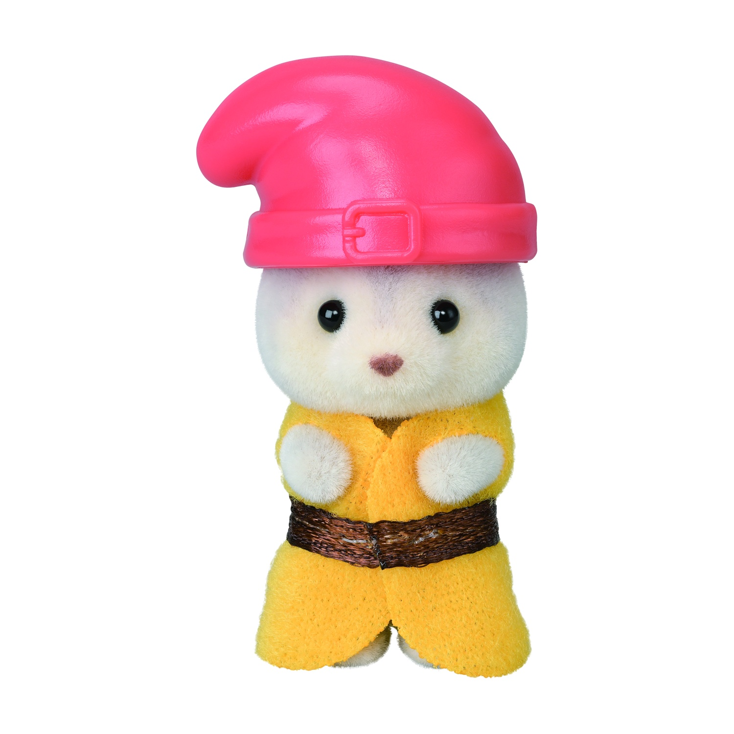 Un piccolo coniglio giocattolo con cappello rosa e completo giallo con cintura marrone. Ha la faccia bianca e occhi neri.