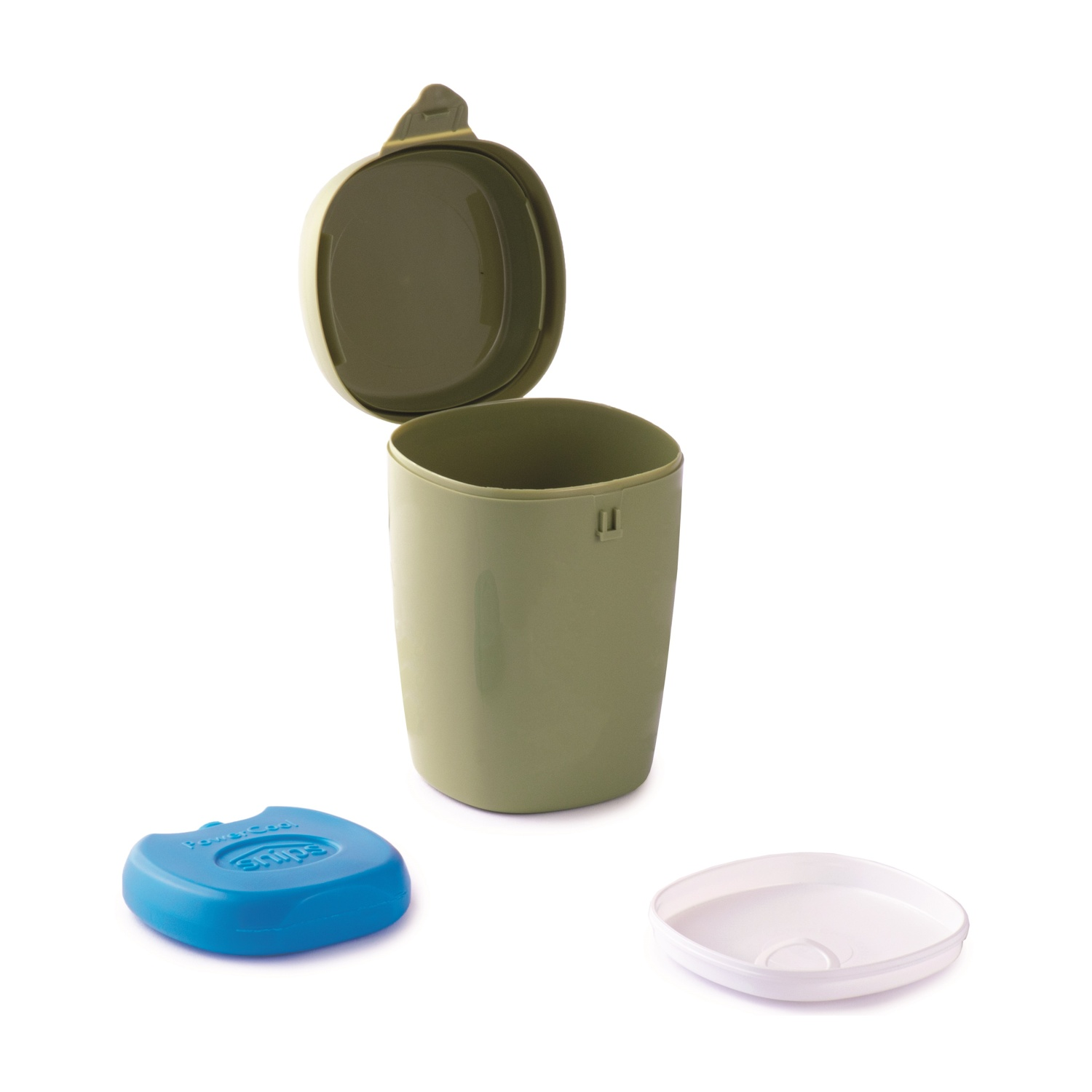 Un contenitore verde oliva aperto con coperchio, un coperchio blu e un vassoio bianco su sfondo bianco.
