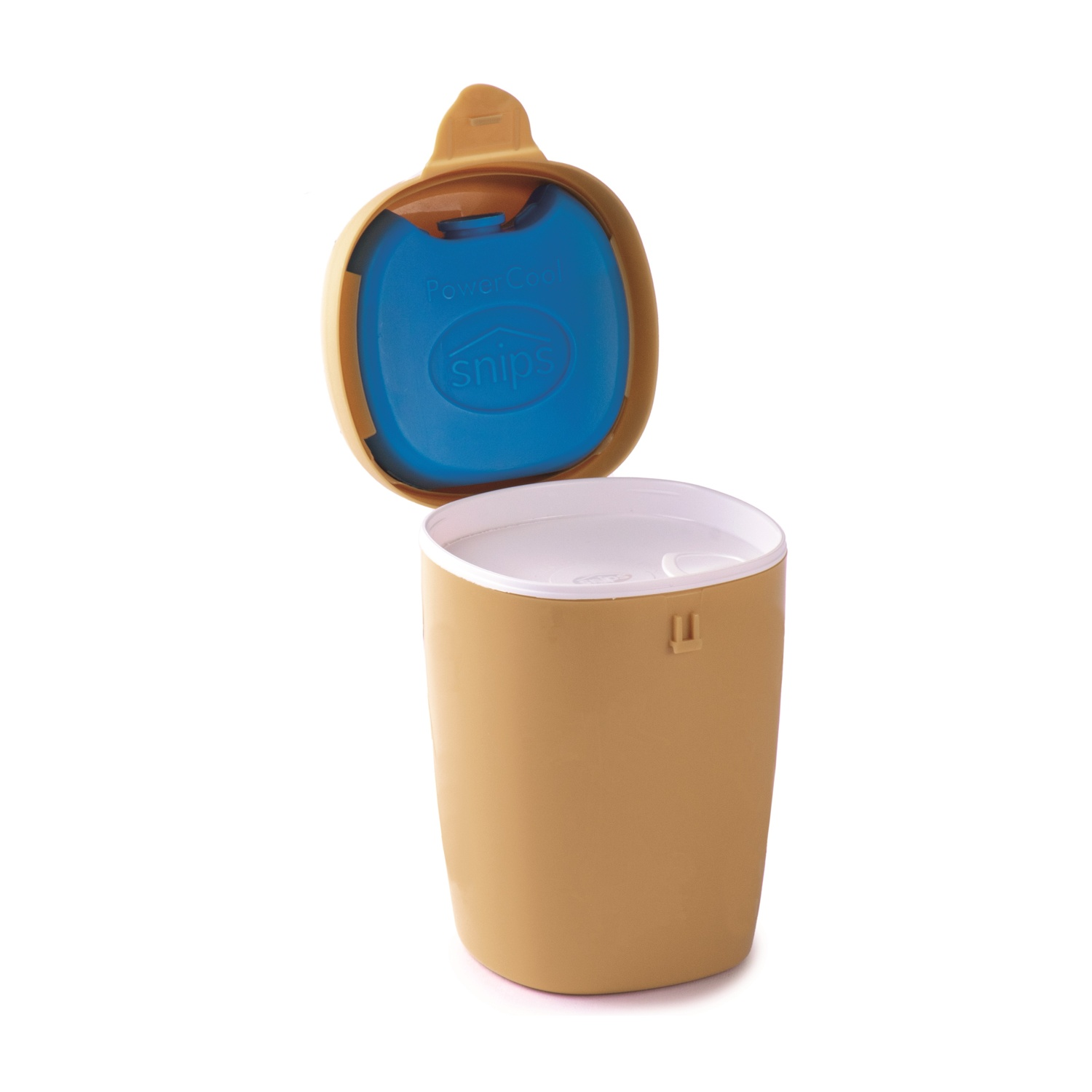 Un contenitore color beige con bordo bianco e coperchio aperto. Il coperchio è beige all'esterno e blu all'interno. Il logo 'snips' è visibile.