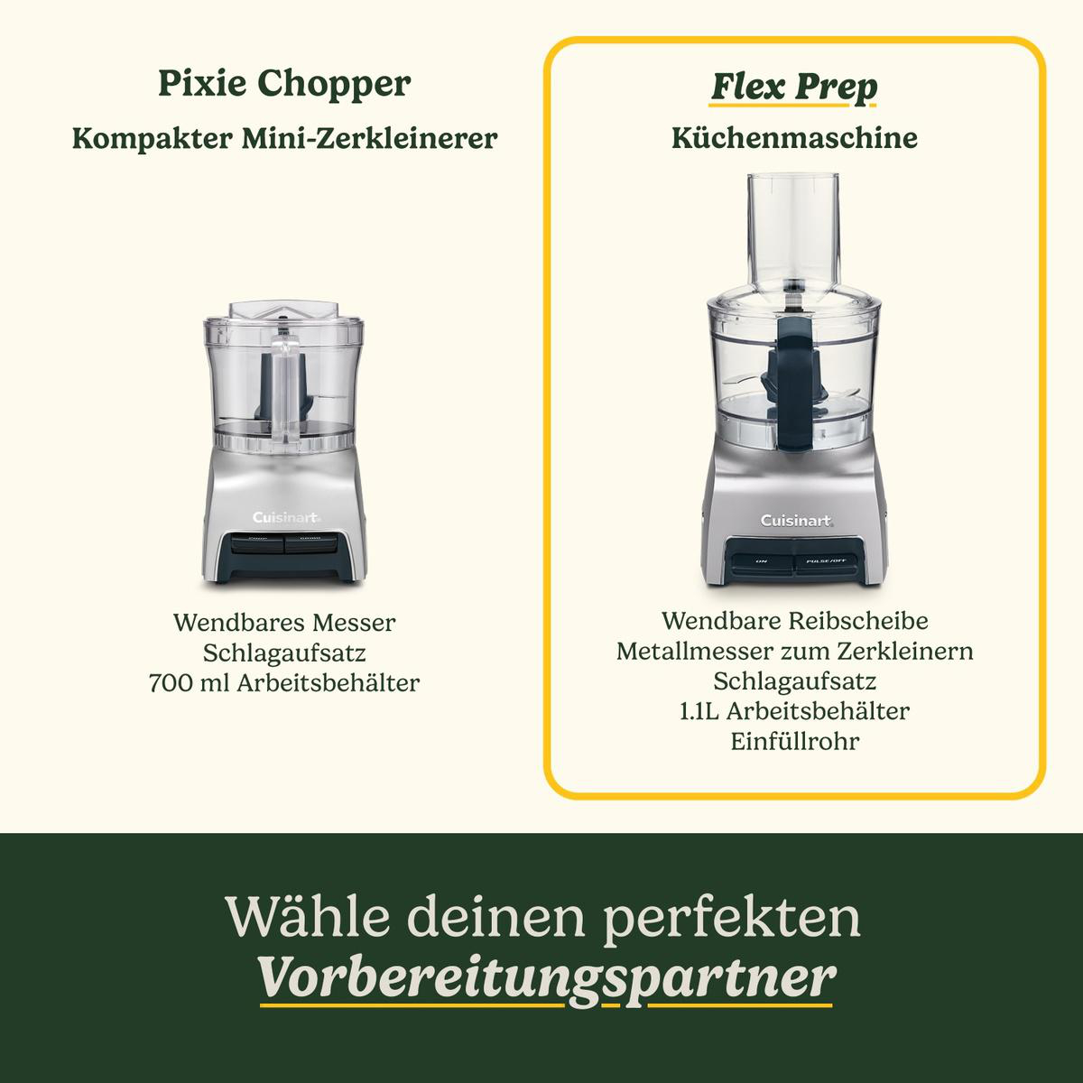 Das Bild zeigt zwei Küchenmaschinen, Pixie Chopper und Flex Prep, mit Beschreibungen. Ein grüner Hintergrund hat Text: 'Wählen Sie Ihren perfekten Vorbereitungspartner.'