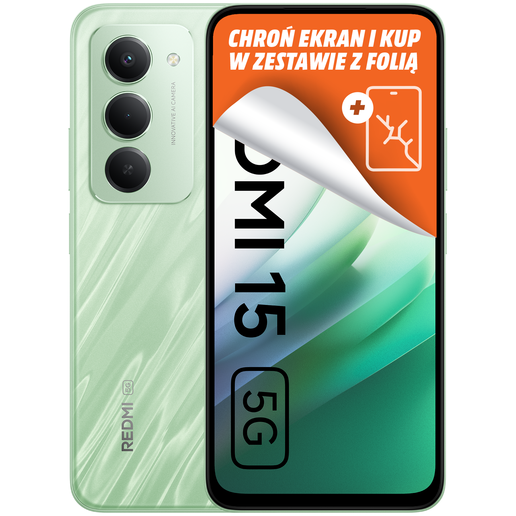 Miętowy zielony telefon Redmi 15 5G. Ekran ma naklejkę ochronną. Telefon ma trzy kamery.