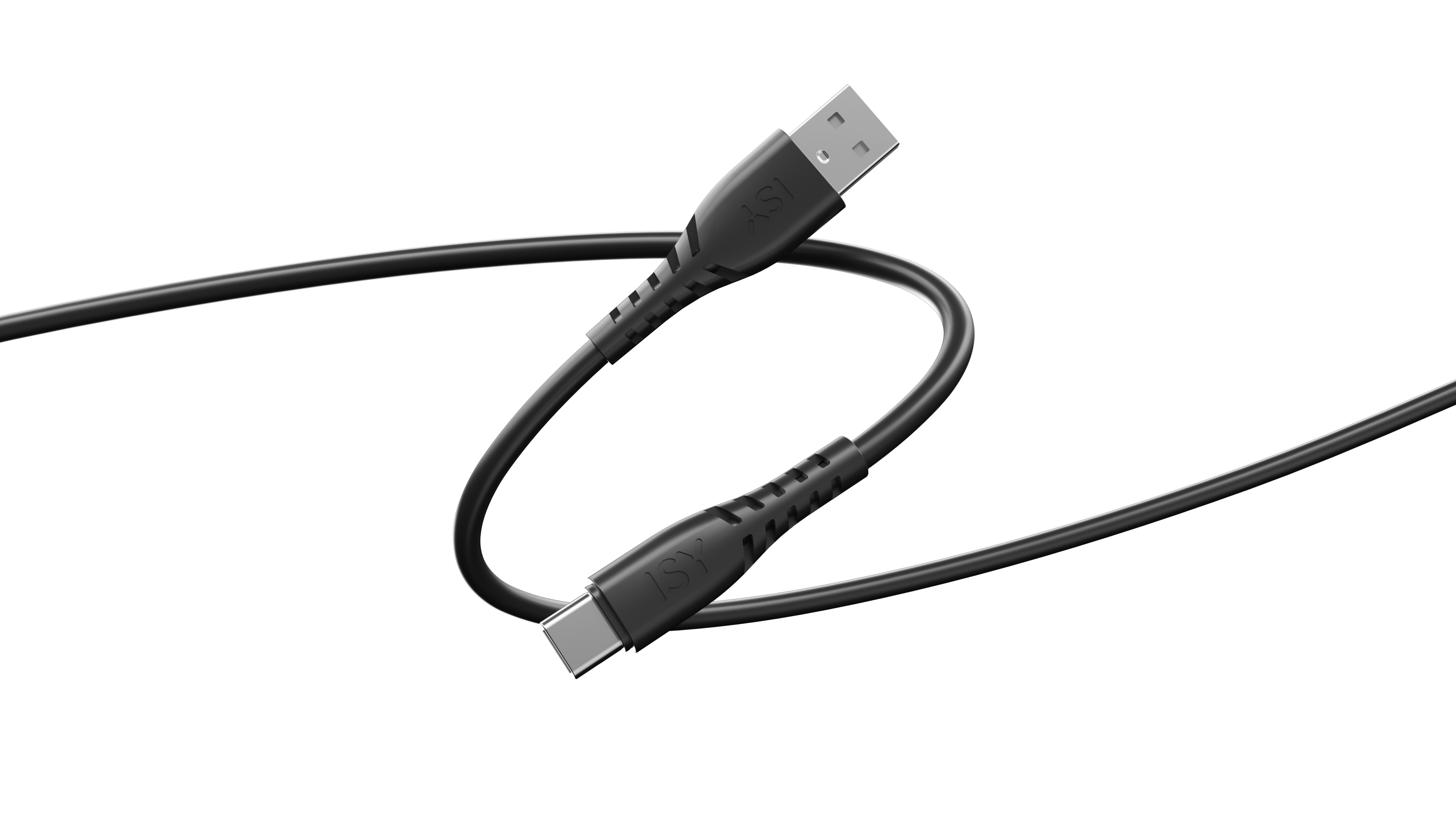 Czarny kabel USB ze złączem USB-A i USB-C na czarnym tle. Tło ma odblaskowy wzór.