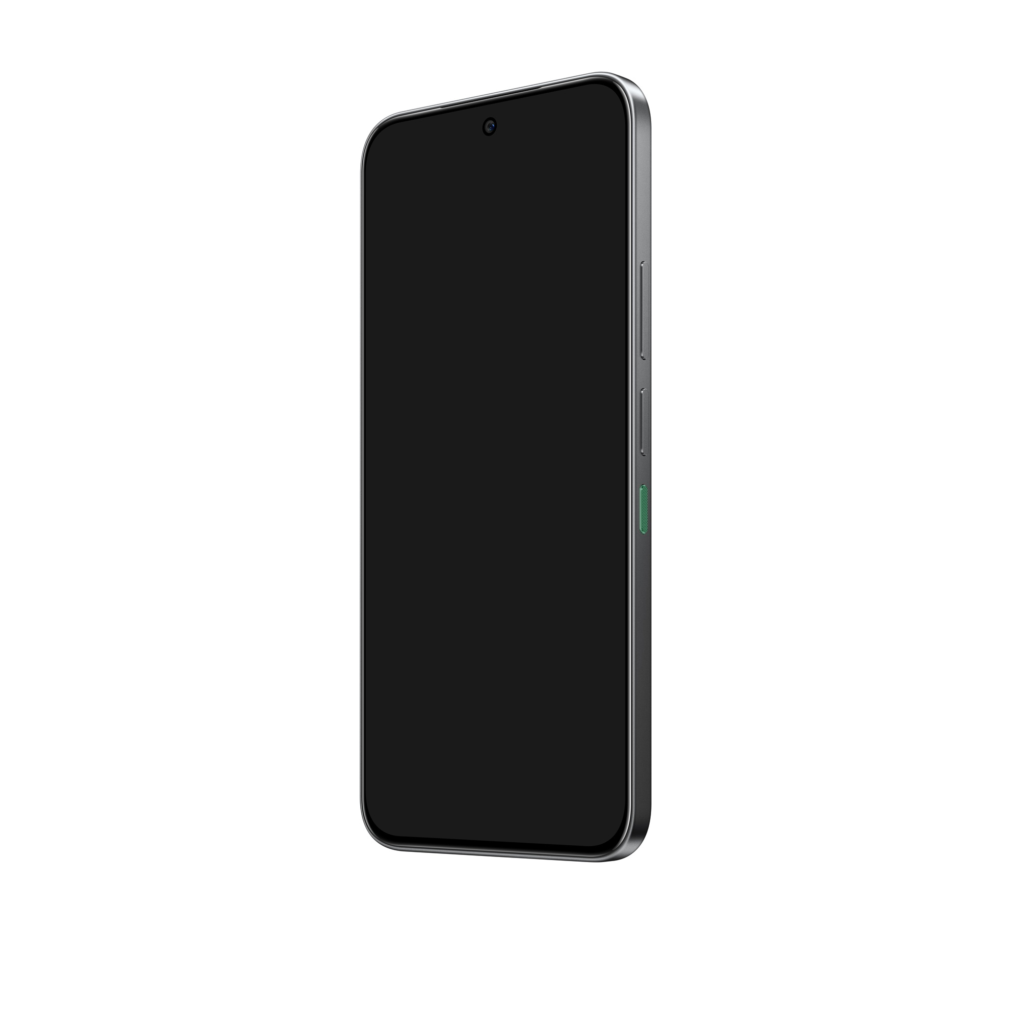 Siyah ekranlı, gümüş çerçeveli ve ön kamerası olan bir akıllı telefon. Telefon beyaz bir arka plan üzerinde.