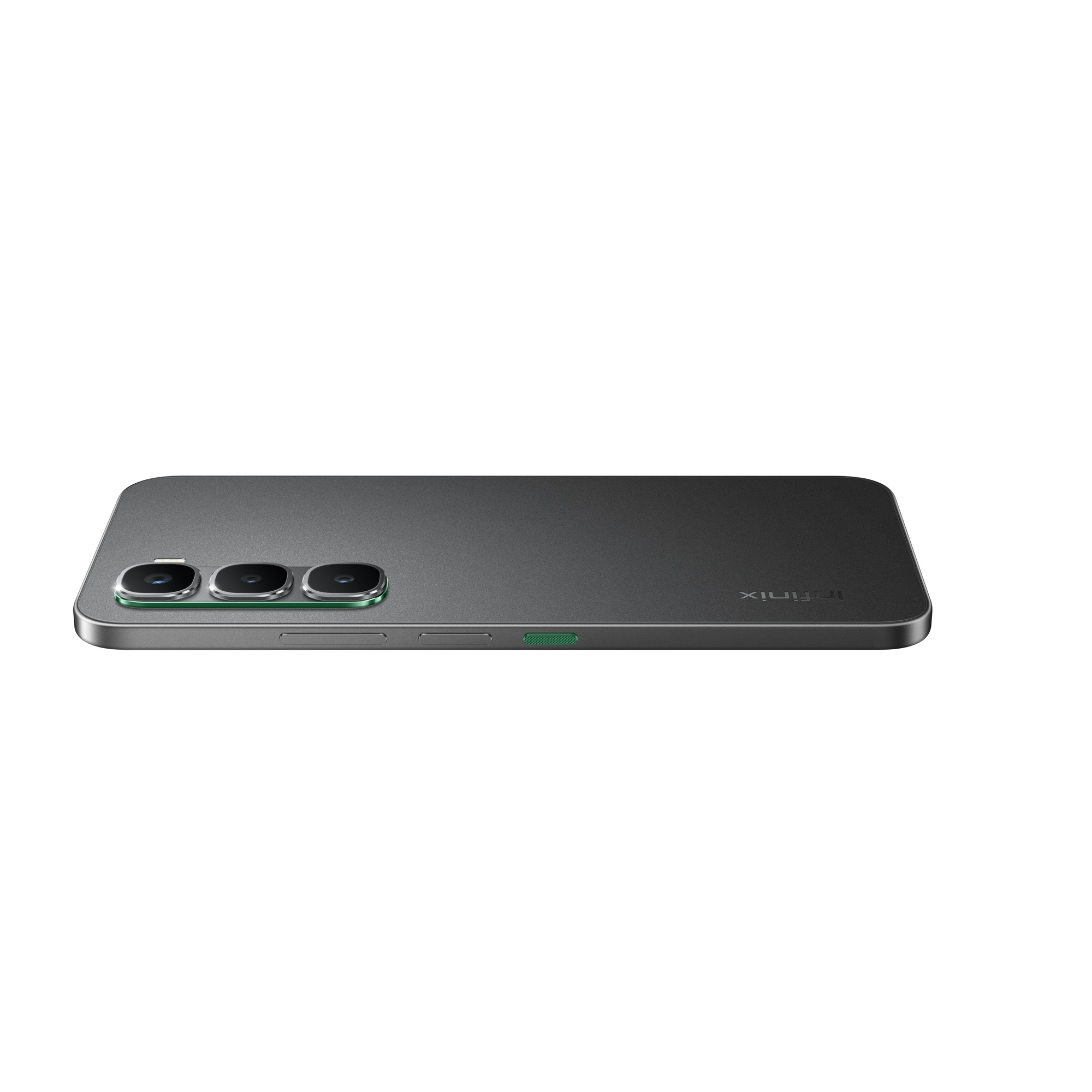 Beyaz zemin üzerinde gri bir akıllı telefon. Üç kamerası ve Infinix markası var.