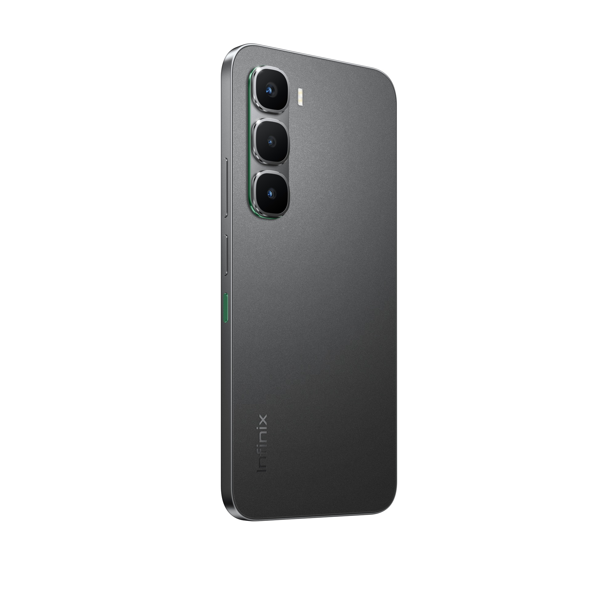 Gri bir Infinix akıllı telefon, açılı görünüm, üçlü kamera dizisi ve güç/ses düğmeleri sergiliyor. Beyaz arka plan.