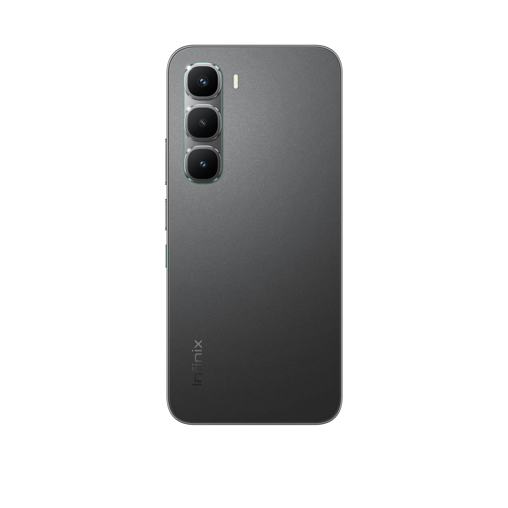 Koyu gri Infinix telefon arkası. Üç kamera ve flaş görünüyor. Infinix logosu altta.