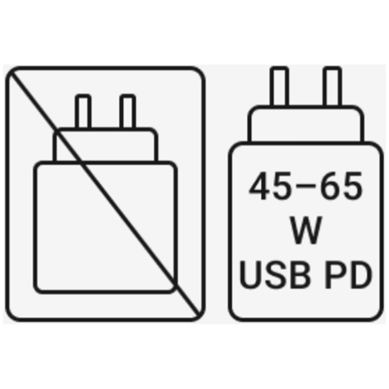 Pictogram toont adapter met doorgestreept symbool, naast adapter met tekst '45-65 W USB PD'.