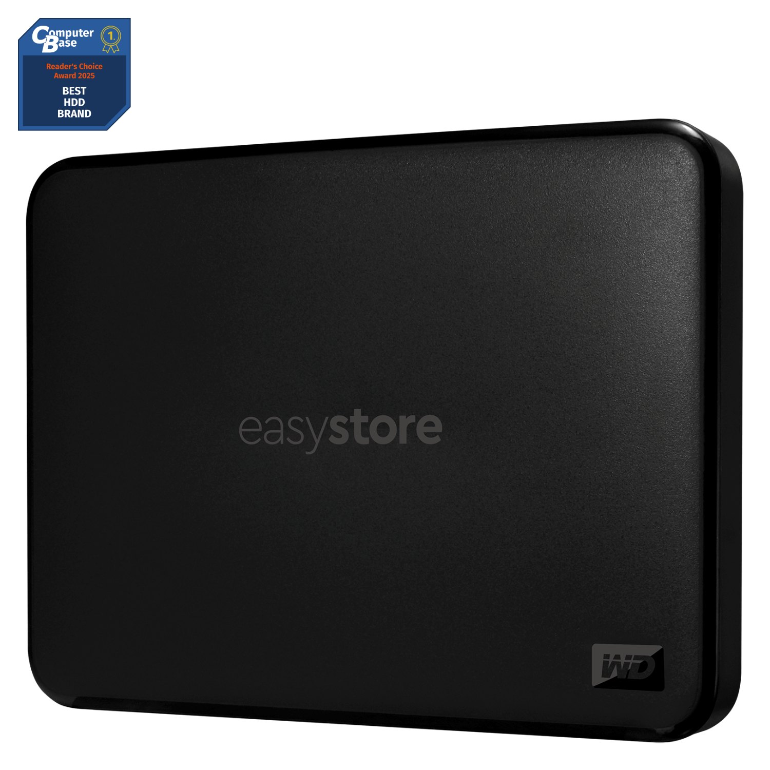 Un disco duro con 'easystore' impreso. Una insignia de premio que dice Computer Base numero uno Reader Choice Award 2025 Best HDD Brand