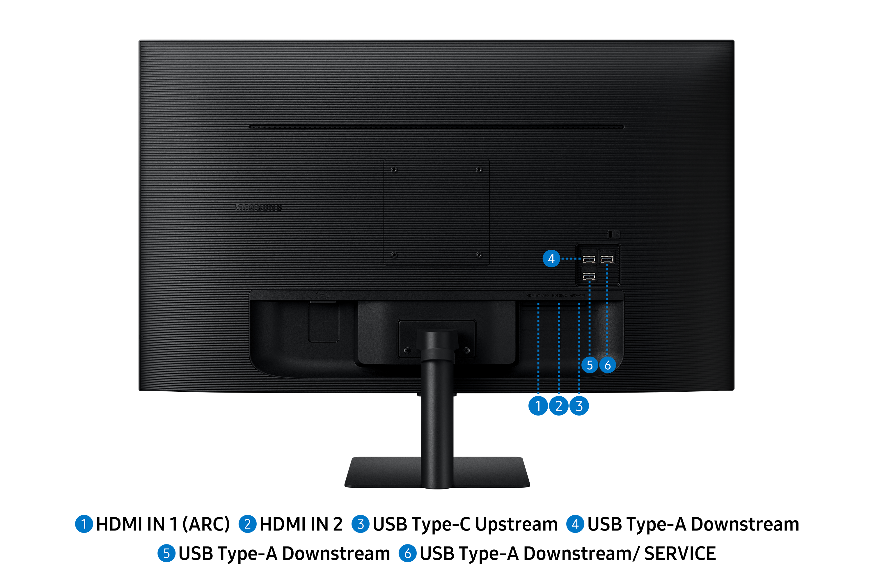 HDMI, USB ve servis bağlantı noktalarına sahip siyah bilgisayar monitörü arkası. Samsung logosu görünür.