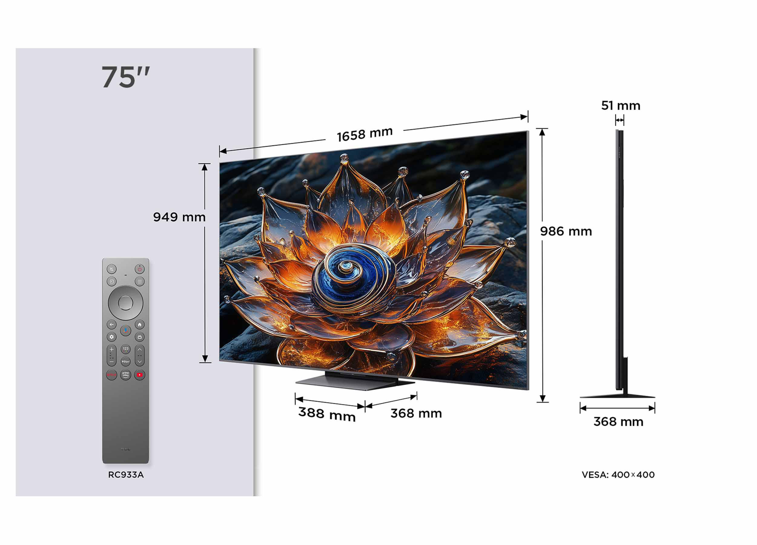 Ein 75"-Fernseher mit floralem Bildschirmdesign, einer Fernbedienung und Abmessungen. Der Bildschirm zeigt eine Blume.