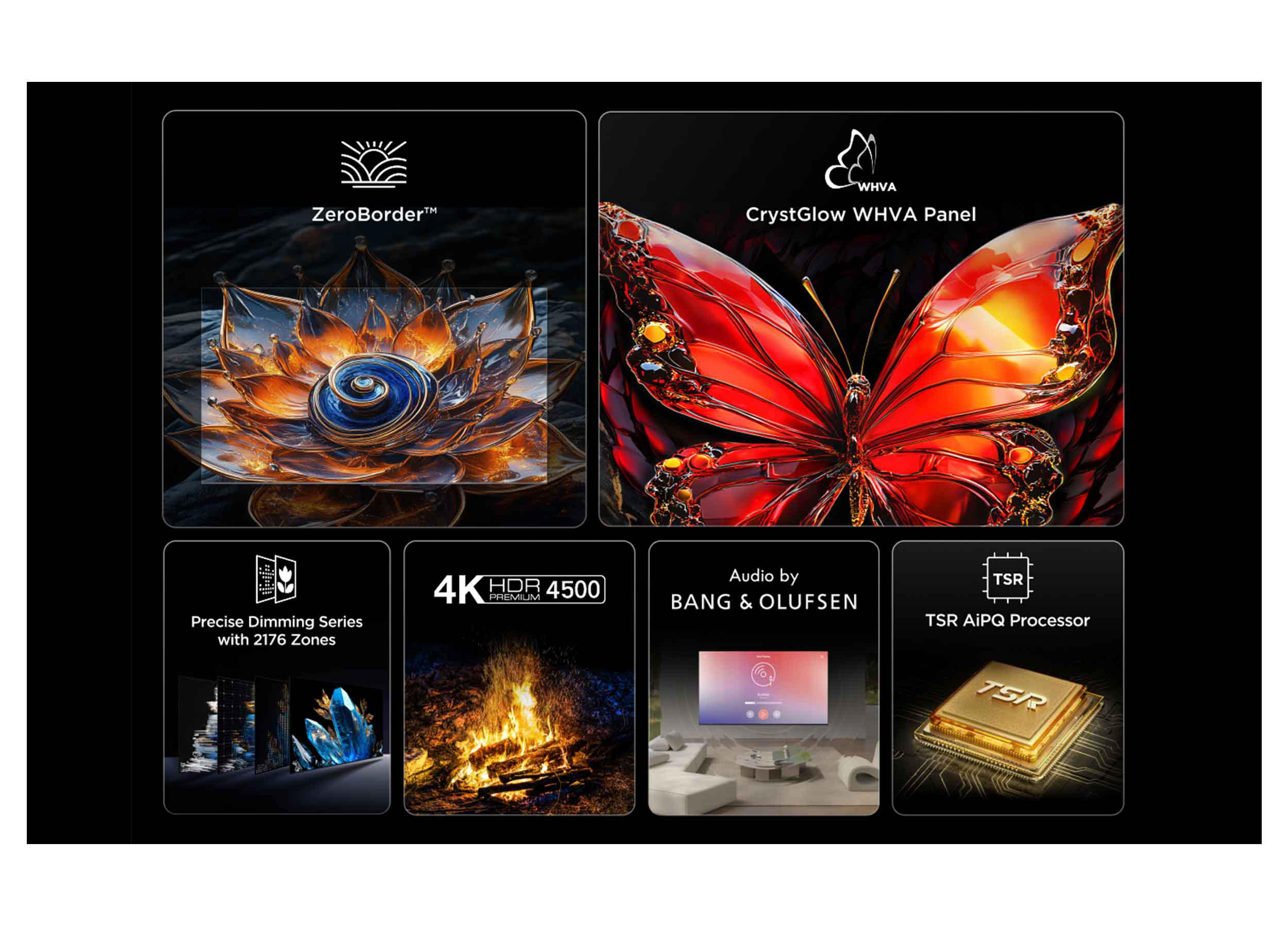 Das Bild zeigt Produktmerkmale: ZeroBorder, CrystGlow-Panel, präzises Dimmen, 4K HDR, Bang & Olufsen Audio und TSR-Prozessor.