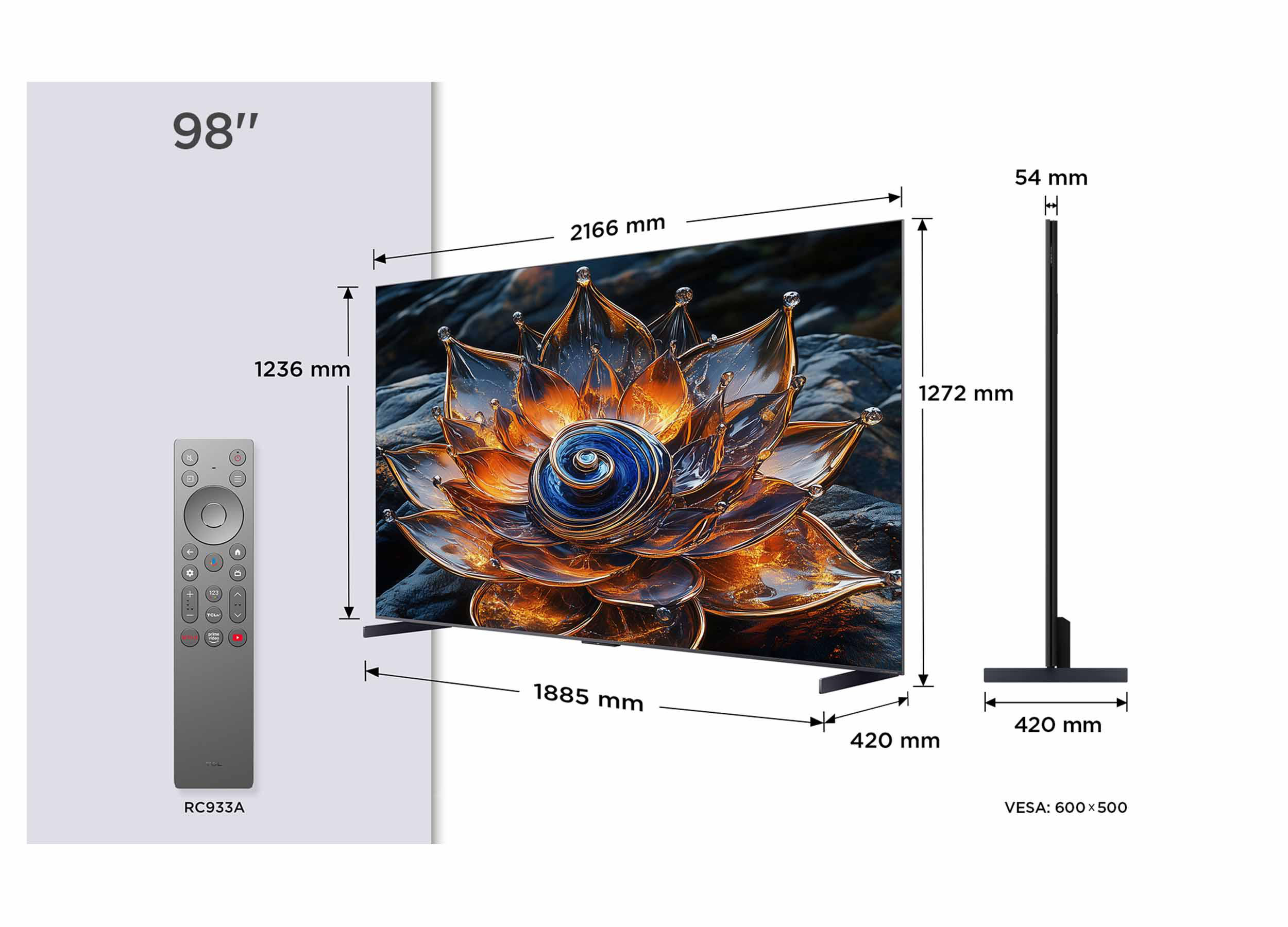 Ein 98"-Fernseher mit Abmessungen, Fernbedienung und Nahaufnahme eines abstrakten Blumendesigns.