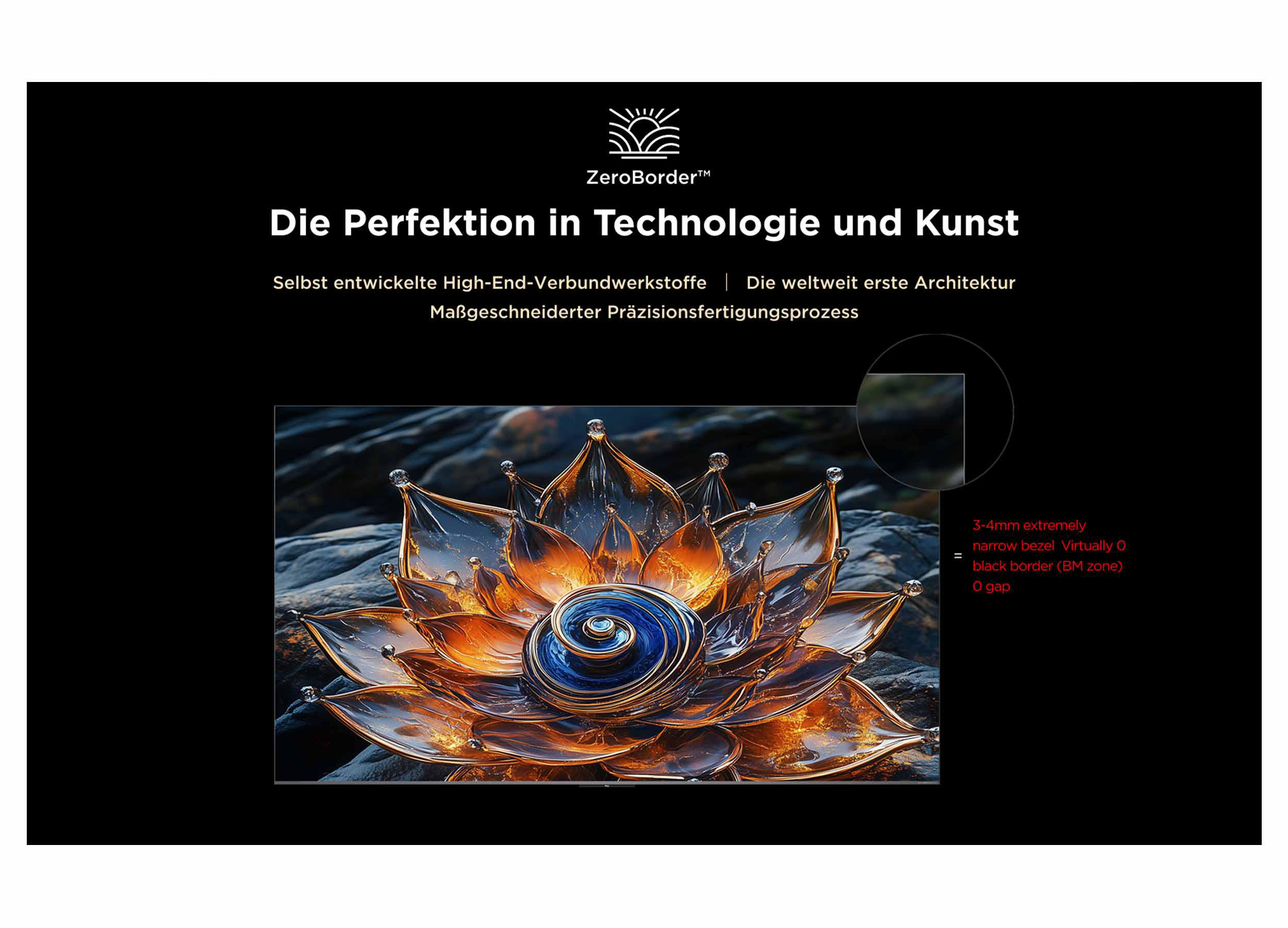 Eine stilisierte Blume mit goldenen Blütenblättern und einem blauen Zentrum vor dunklem Hintergrund mit Textüberlagerung.