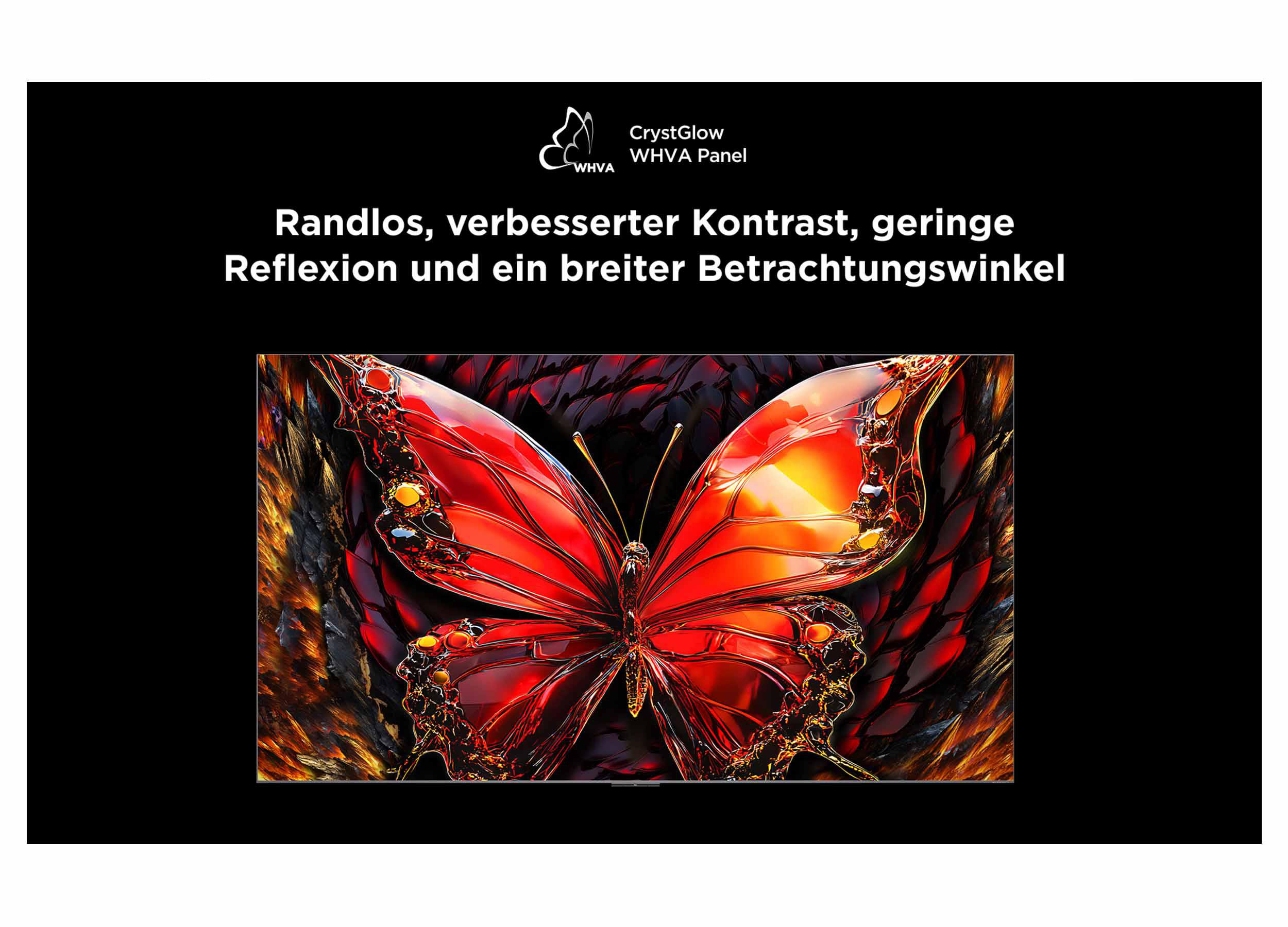 Ein stilisierter Schmetterling mit roten Flügeln vor schwarzem Hintergrund. Text: 'CrystGlow WHVA Panel'.