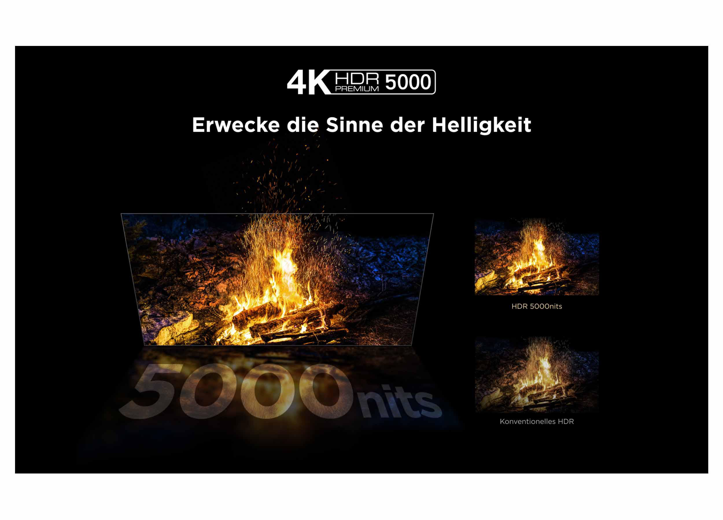Das Bild zeigt eine Lagerfeuerszene auf einem Fernsehbildschirm mit Text zu 4K HDR 5000 und Helligkeit.