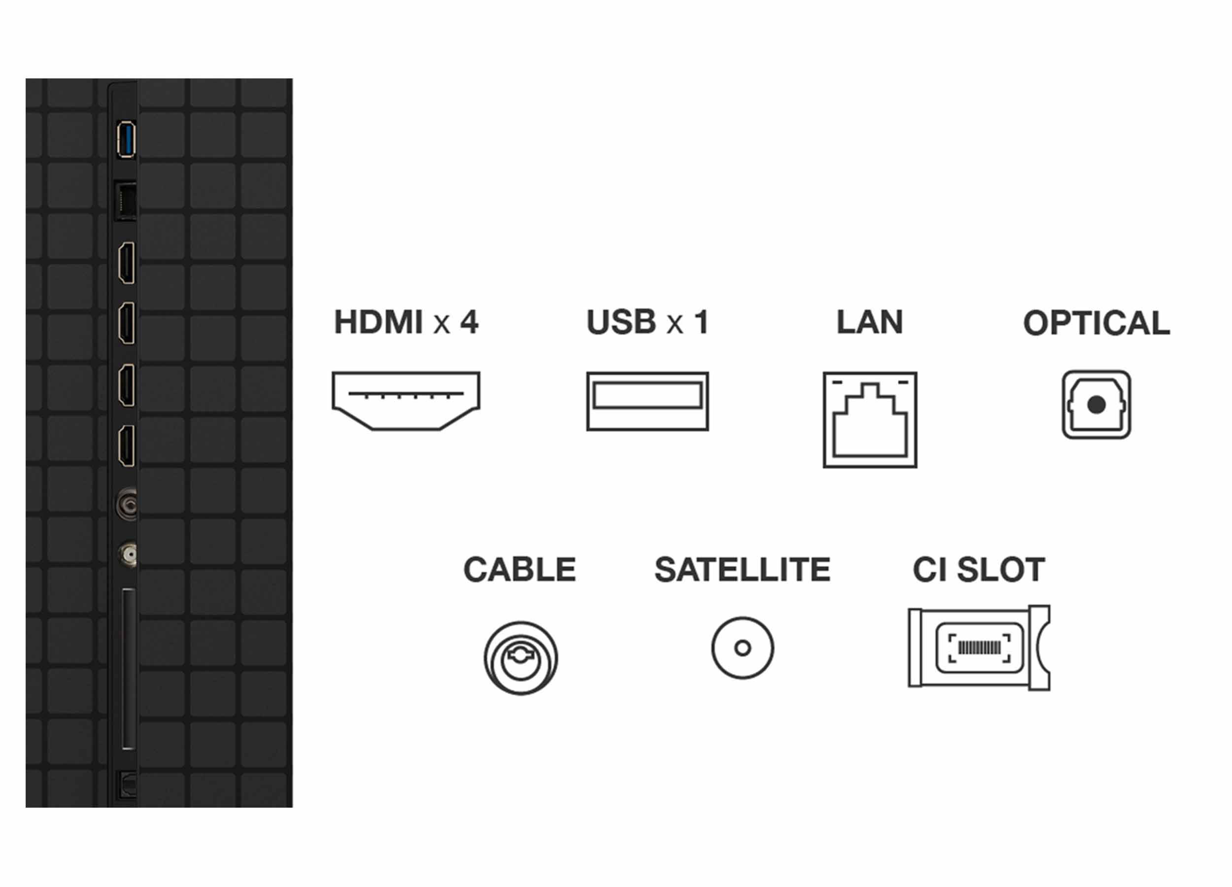 TV-Anschlüsse: HDMI, USB, LAN, Optical, Kabel, Satellit und CI-Steckplatz. Der Fernseher hat eine schwarze Rückwand.