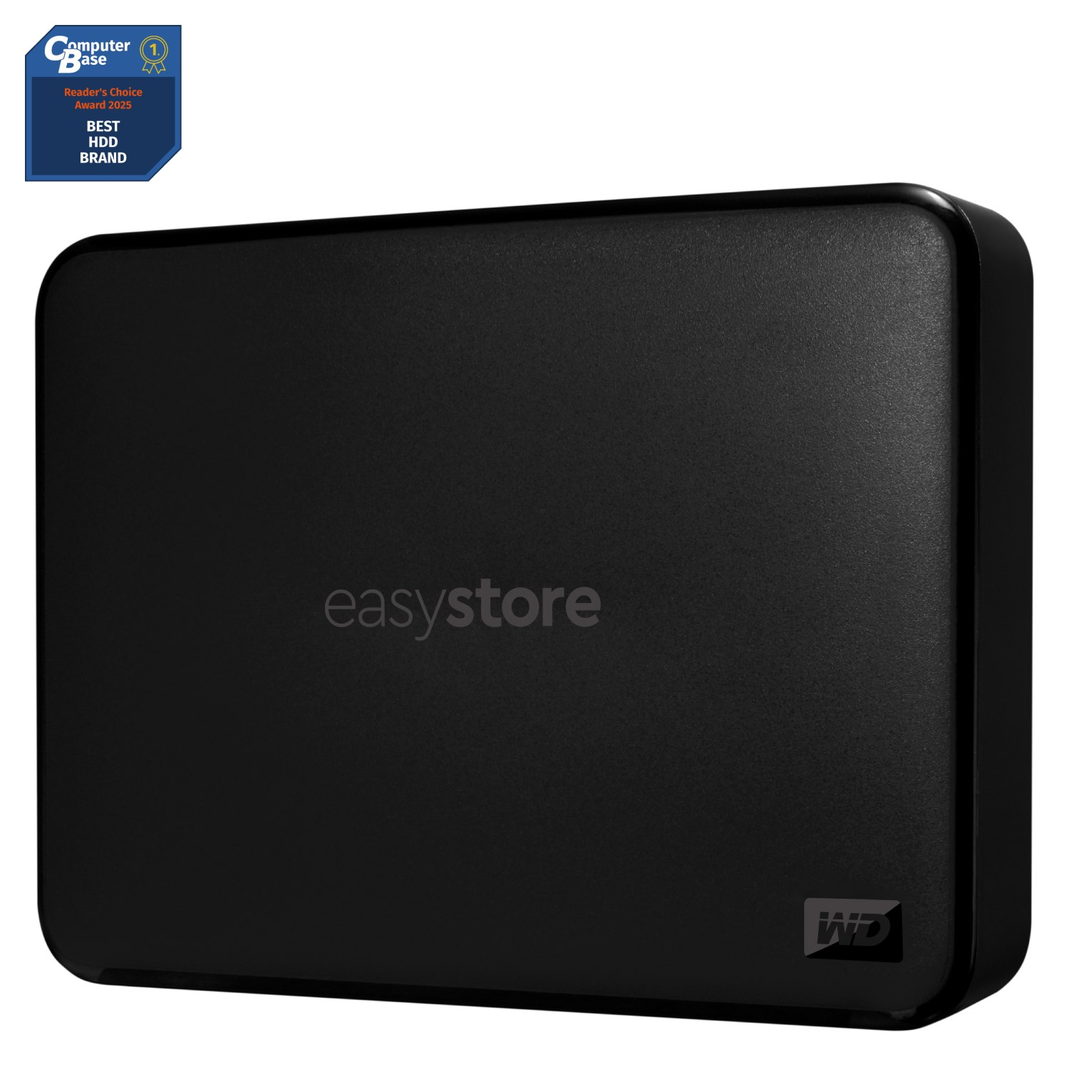 Un disco duro con 'easystore' impreso. Una insignia de premio que dice Compurer base numero uno reader choice award 2025 Best HDD Brand