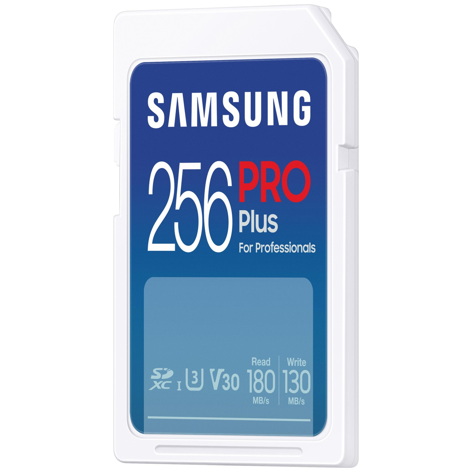 A Samsung 256 GB Pro Plus SD card. It has a blue background with white text and a white frame. It shows read and write speeds.
