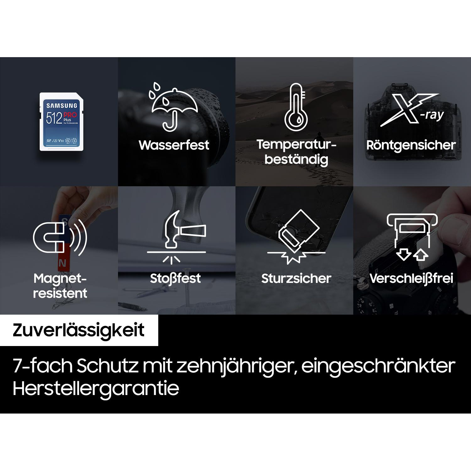 An advertisement showing a Samsung SD card with icons indicating features: waterproof, temperature resistant, X-ray proof, etc.
