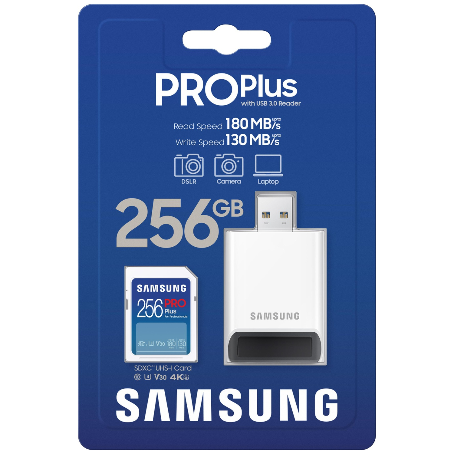 Blue Samsung Pro Plus package. Includes a 256 GB SD card and a USB 3.0 reader. Features read and write speeds.