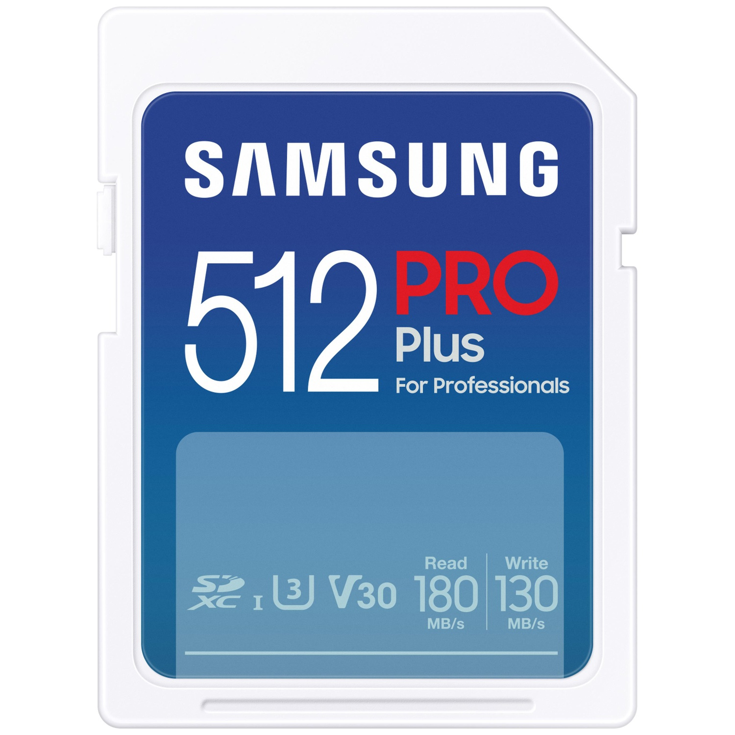 A Samsung 512 Pro Plus SD card. The card is blue with white text, showing read/write speeds. It's for professionals.
