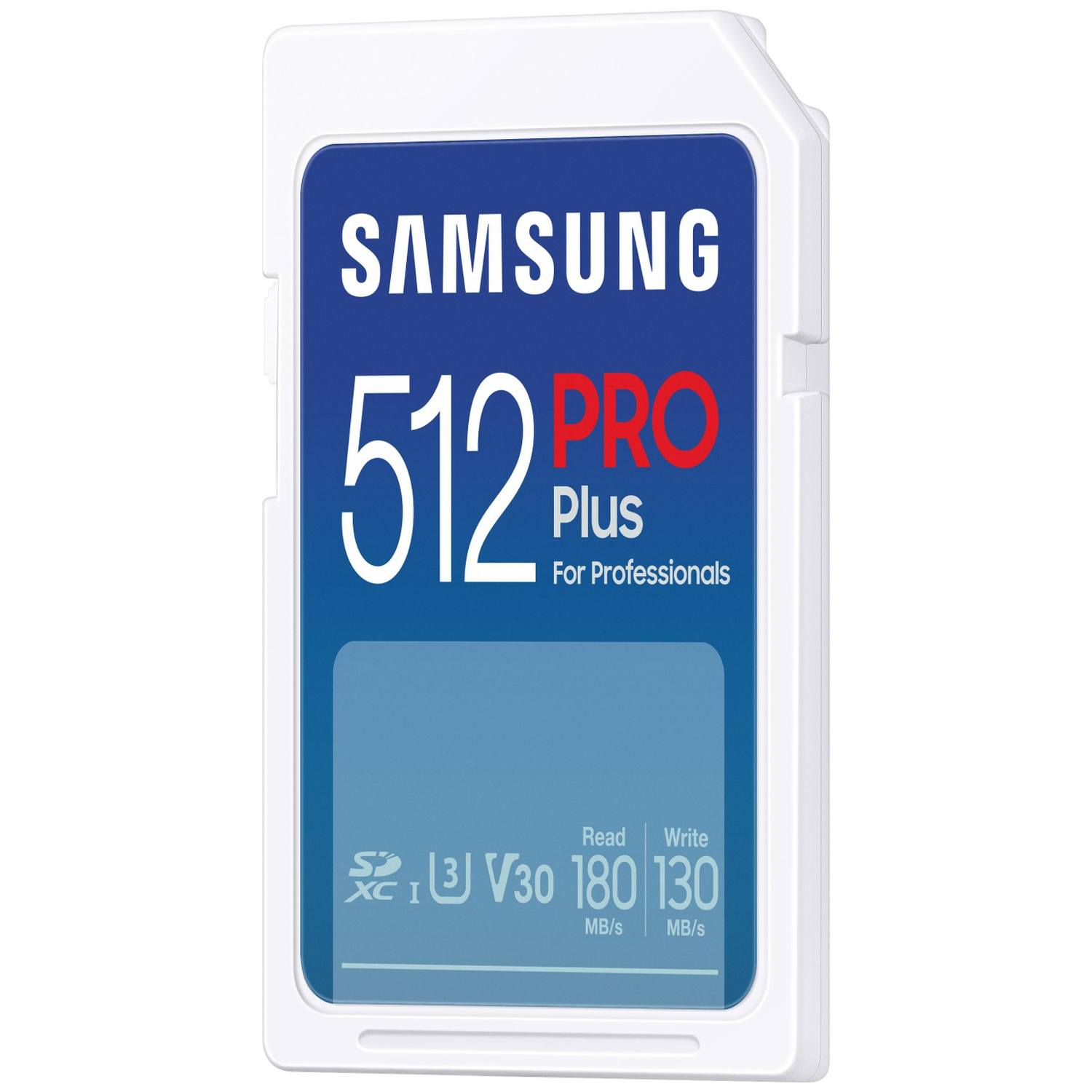 A Samsung 512 PRO Plus SD card. It is white with a blue label. Text includes '512 PRO', 'Read 180 MB/s', and 'Write 130 MB/s'.