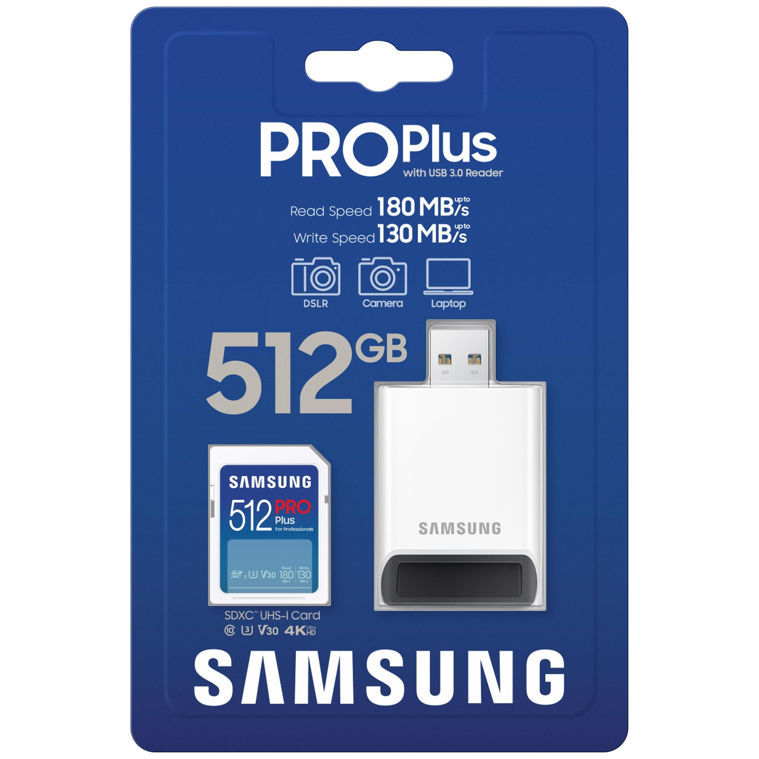 Samsung Pro Plus SD card and USB 3.0 reader, blue and white packaging. Features read/write speeds, 512GB storage, and Samsung logo.