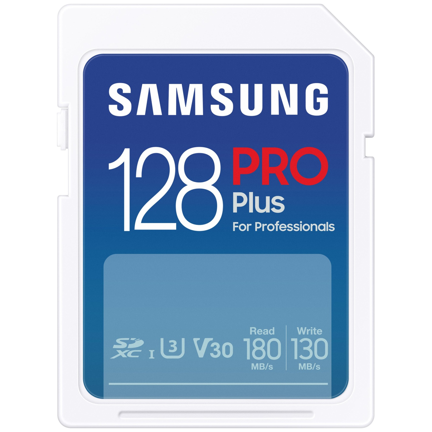 A Samsung 128 GB Pro Plus SD card. It has a blue and white design with text indicating read/write speeds and capacity.